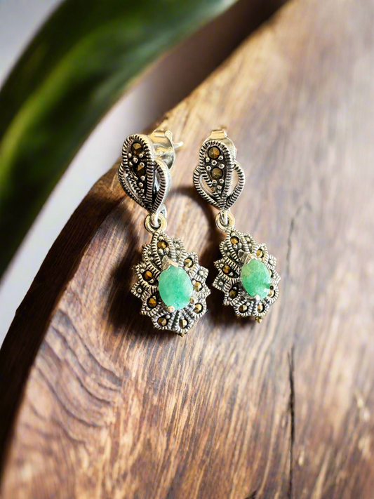 Silver Green Stone Earrings