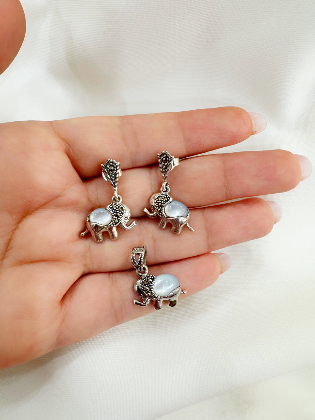 Gajmoti Mother of Pearl & Marcasite 92.5 Silver Earrings & Pendant Set