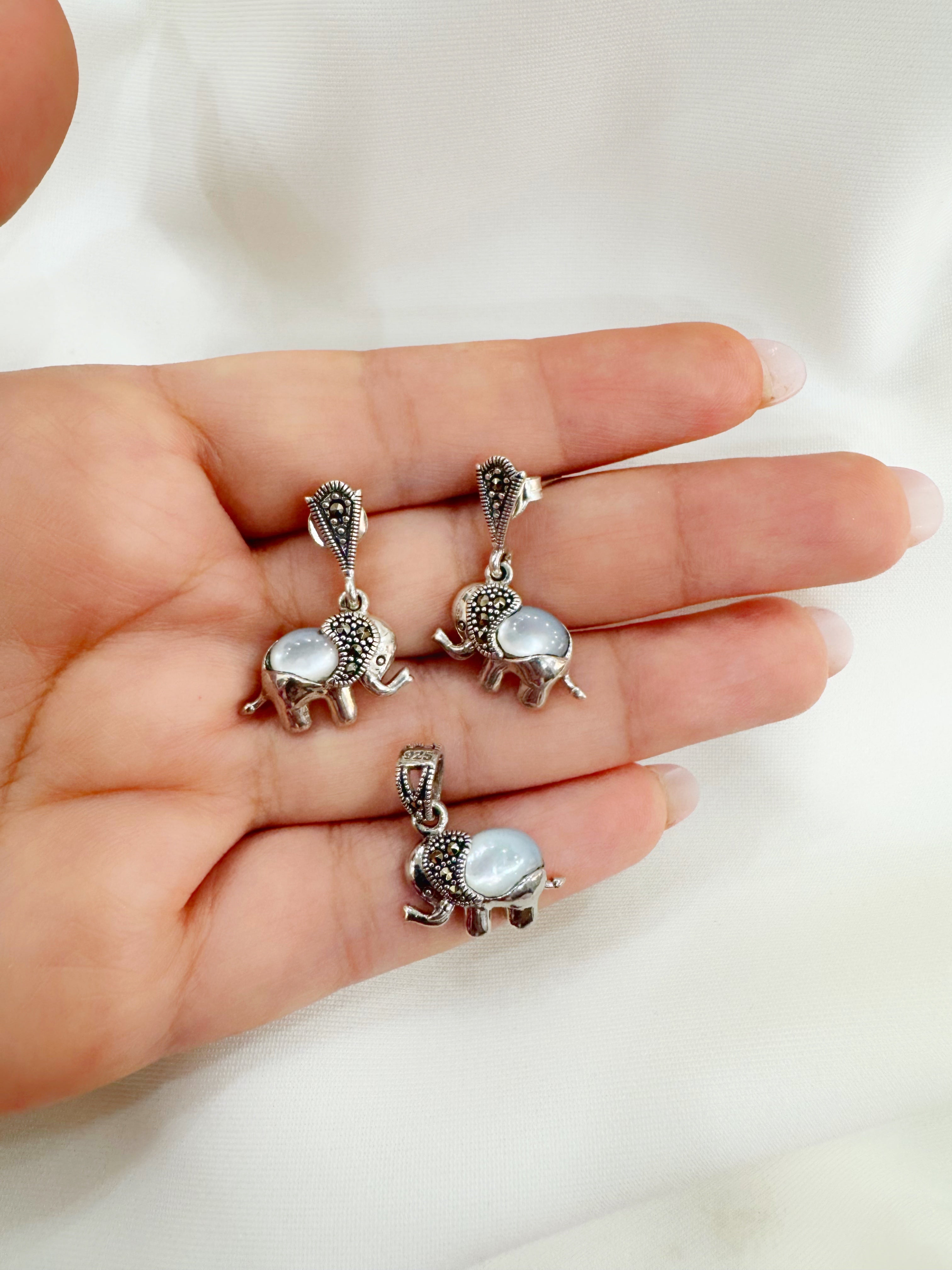 Gajmoti Mother of Pearl & Marcasite 92.5 Silver Earrings & Pendant Set