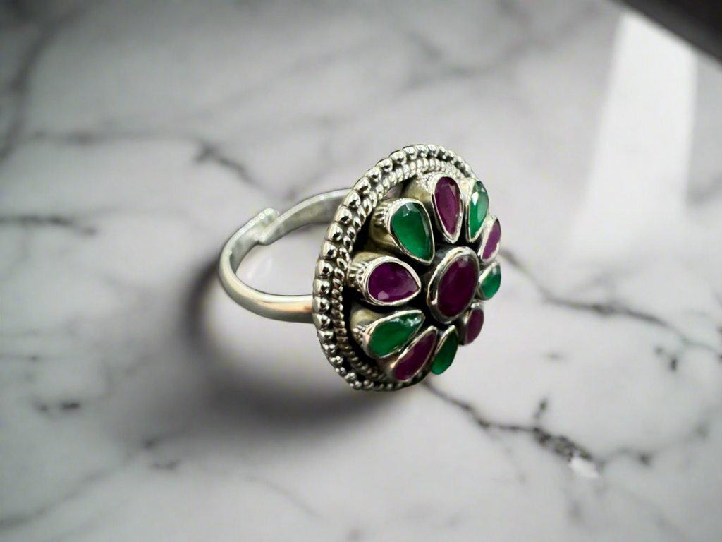 92.5 Silver Pink Green Round Stone Ring (Adjustable Size)