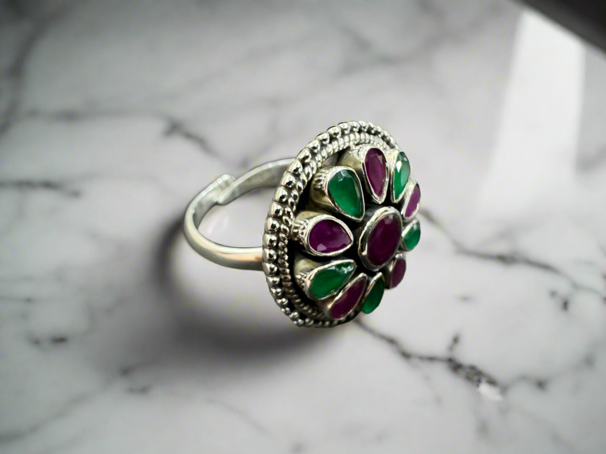 92.5 Silver Pink Green Round Stone Ring (Adjustable Size)