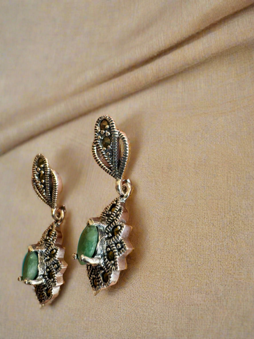 92.5 Silver Green Stone Earrings