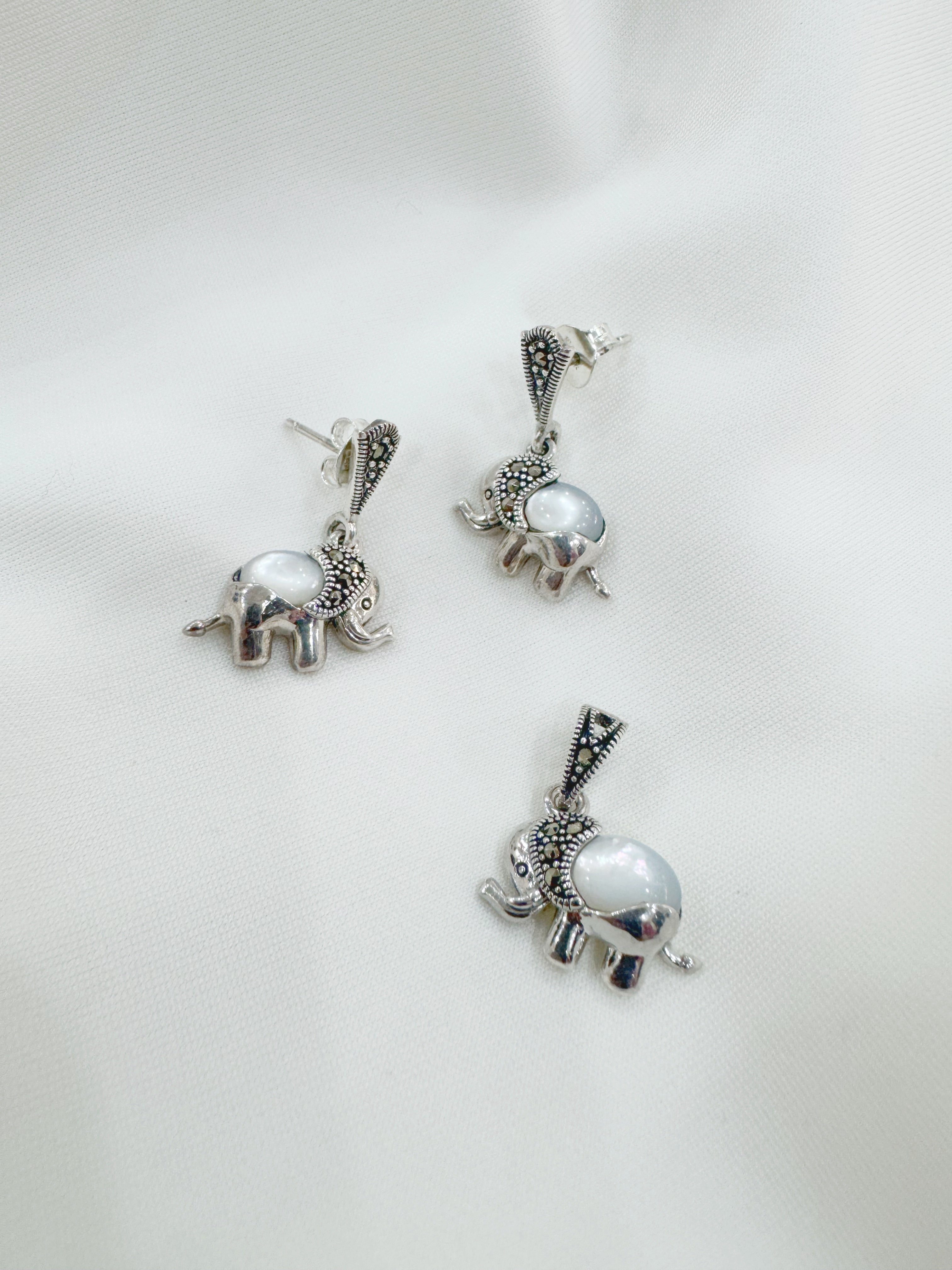 Gajmoti Mother of Pearl & Marcasite 92.5 Silver Earrings & Pendant Set