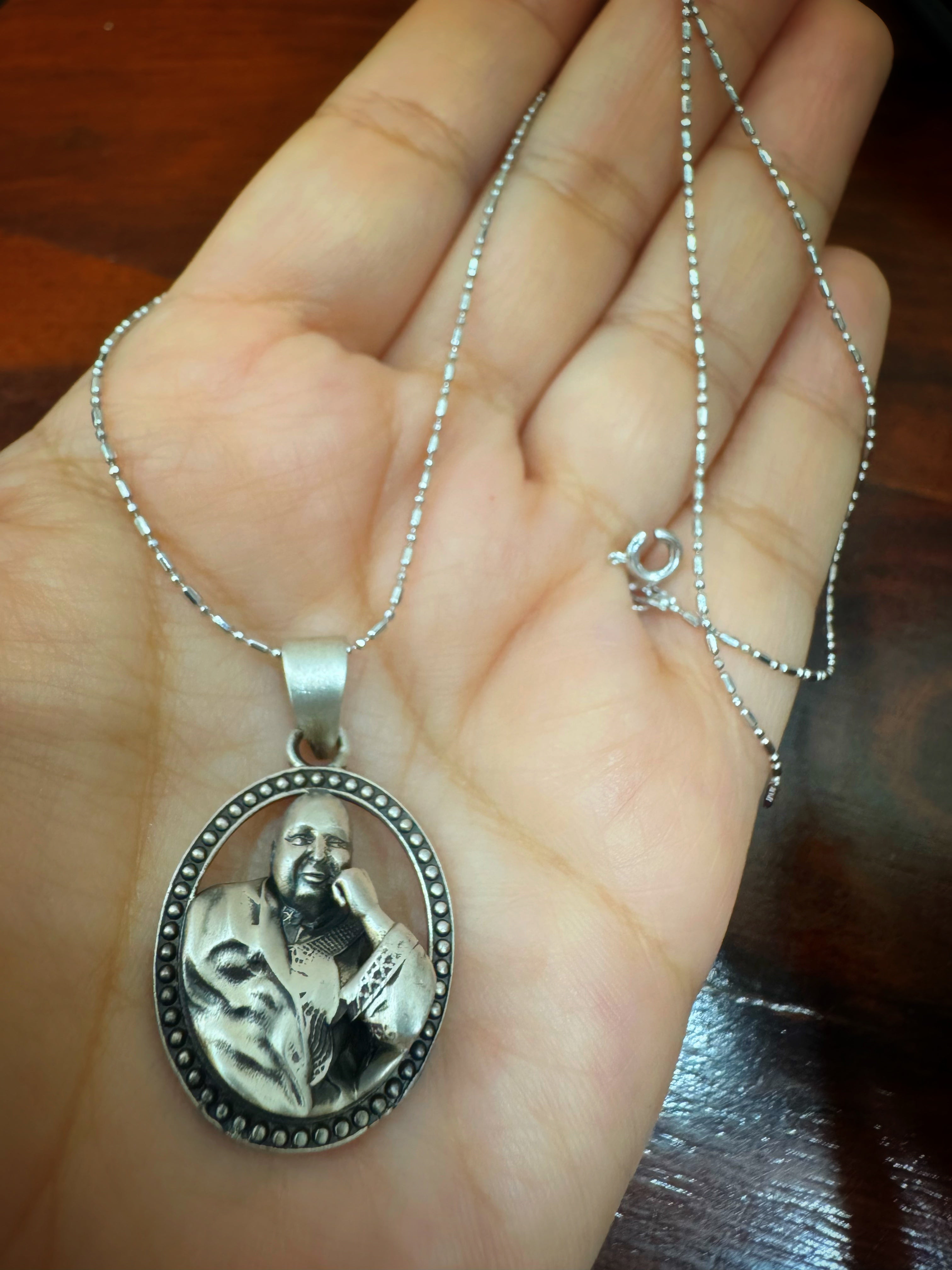 Guruji 92.5 Silver Handcrafted Oval Pendant (With or Without Chain)