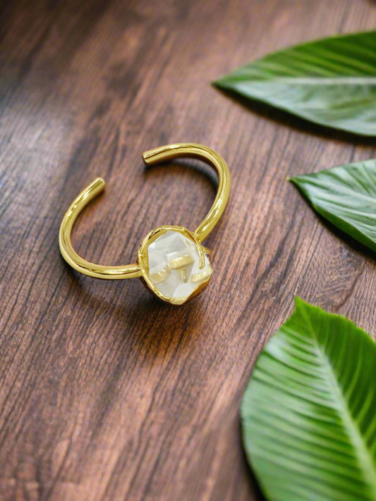 Gold Plated 92.5 Silver Open Bracelet Cuff - Clear Quartz