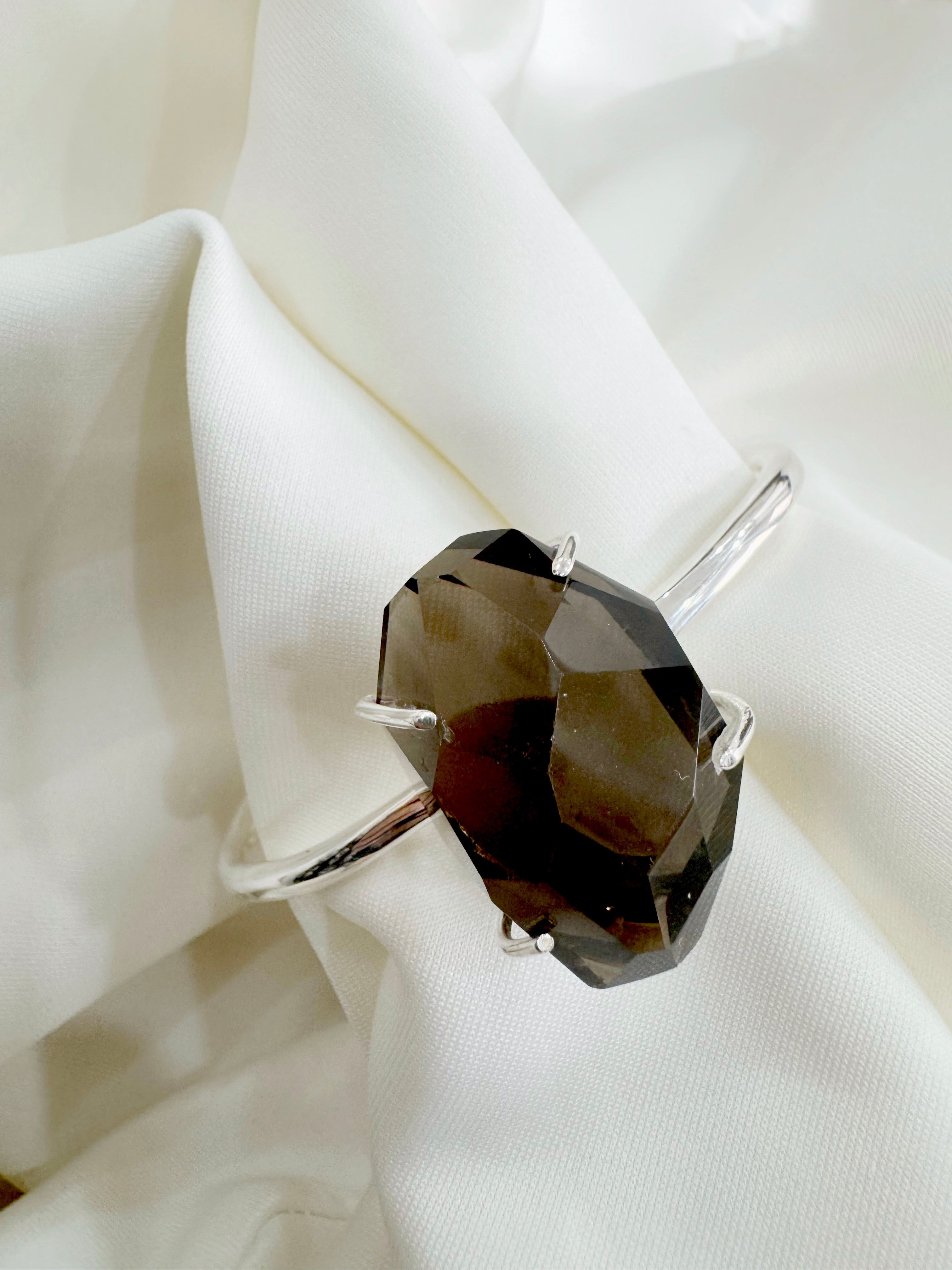 92.5 Silver Open Bracelet Cuff - Smoky Quartz