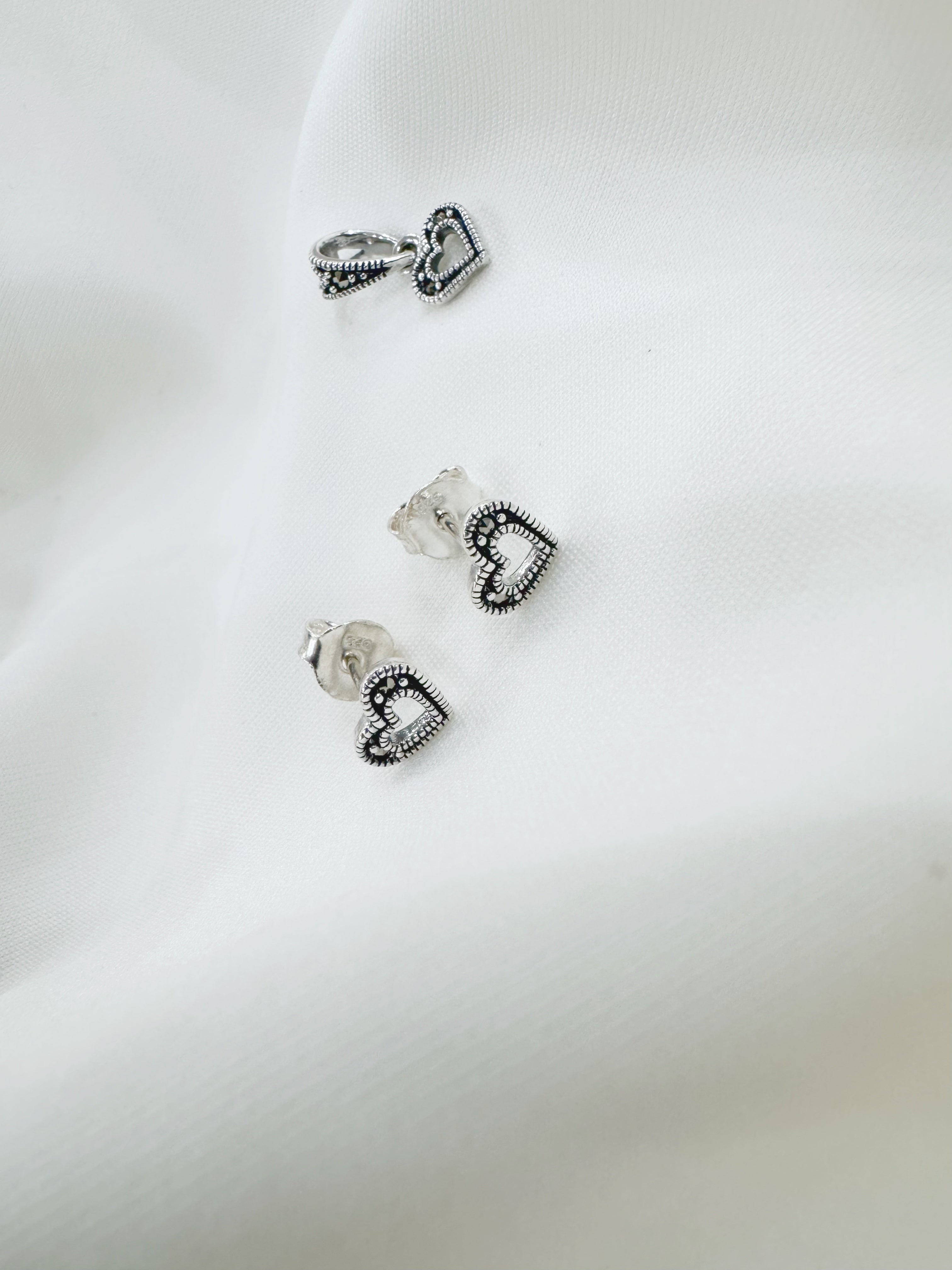 Vintage Heart Marcasite 92.5 Silver Earrings & Pendant Set