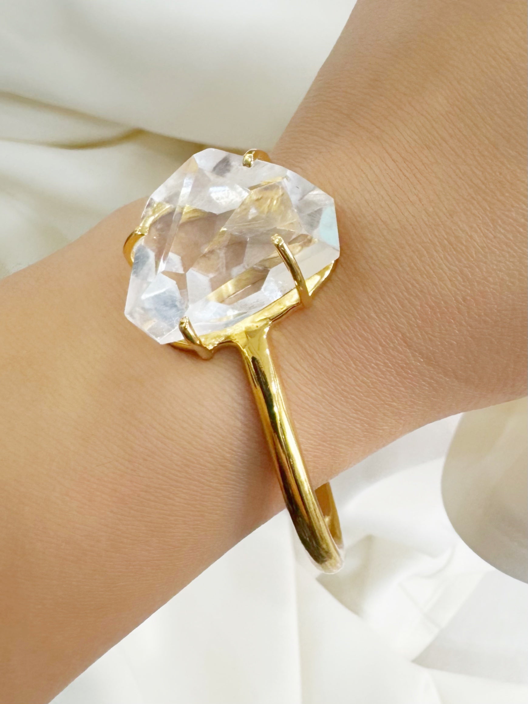 Gold Plated 92.5 Silver Open Bracelet Cuff - Clear Quartz