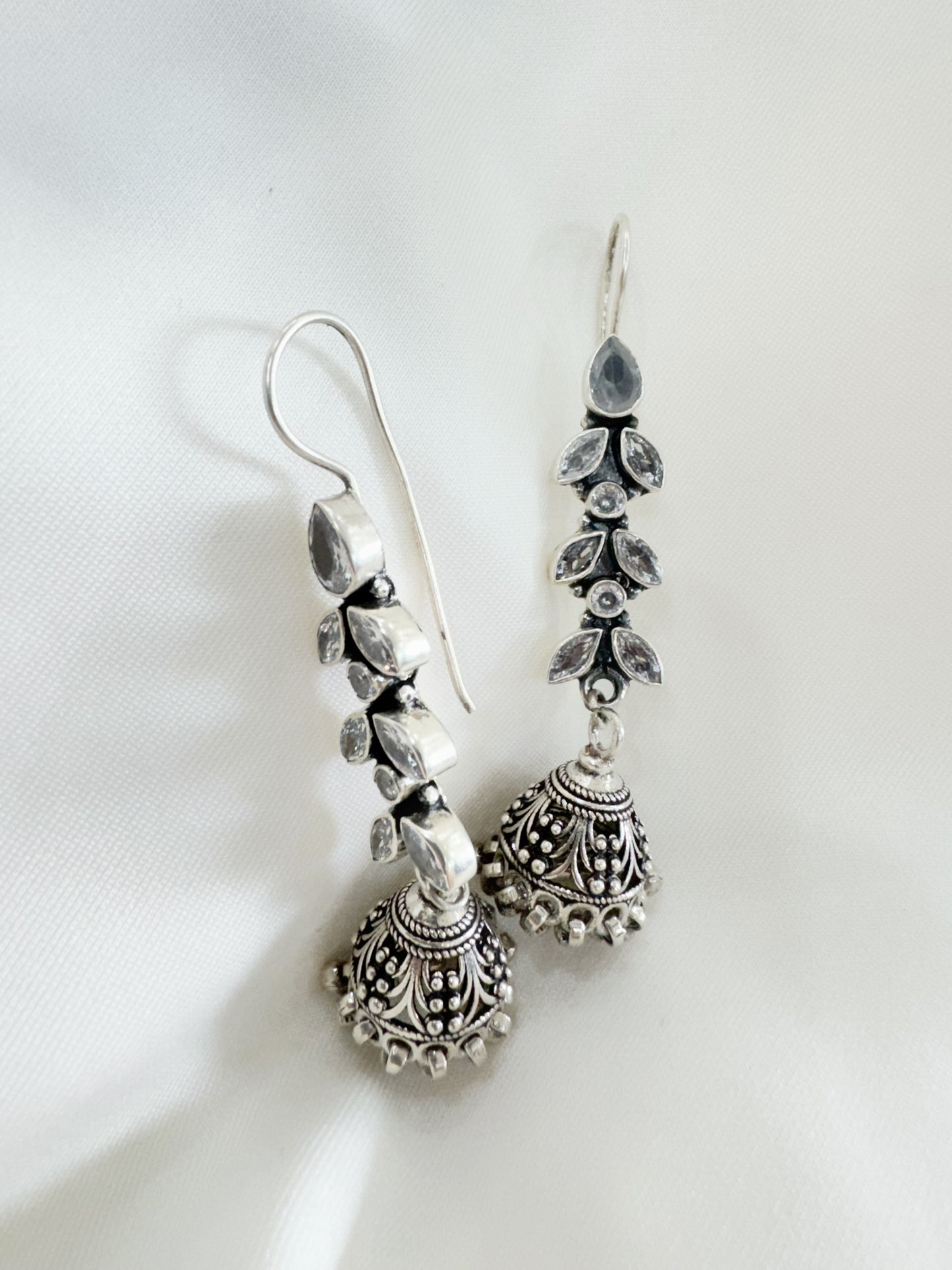 Antique Nayira Crystal Vine 92.5 Silver Jhumki Earrings - Handcrafted