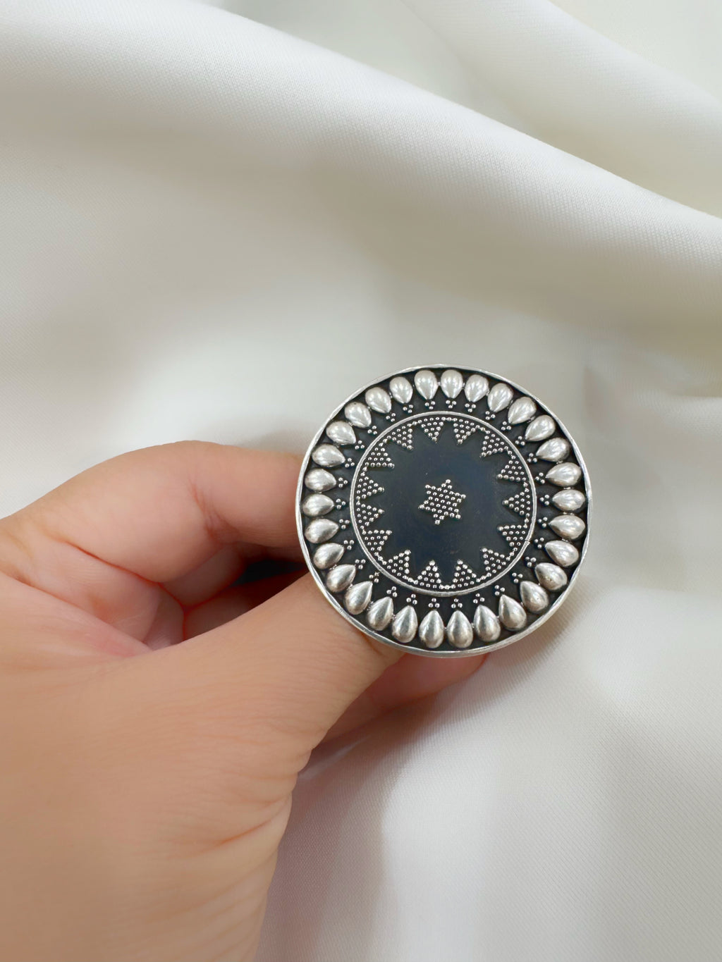 Naaz Teardrop Mandala 92.5 Silver Adjustable Ring