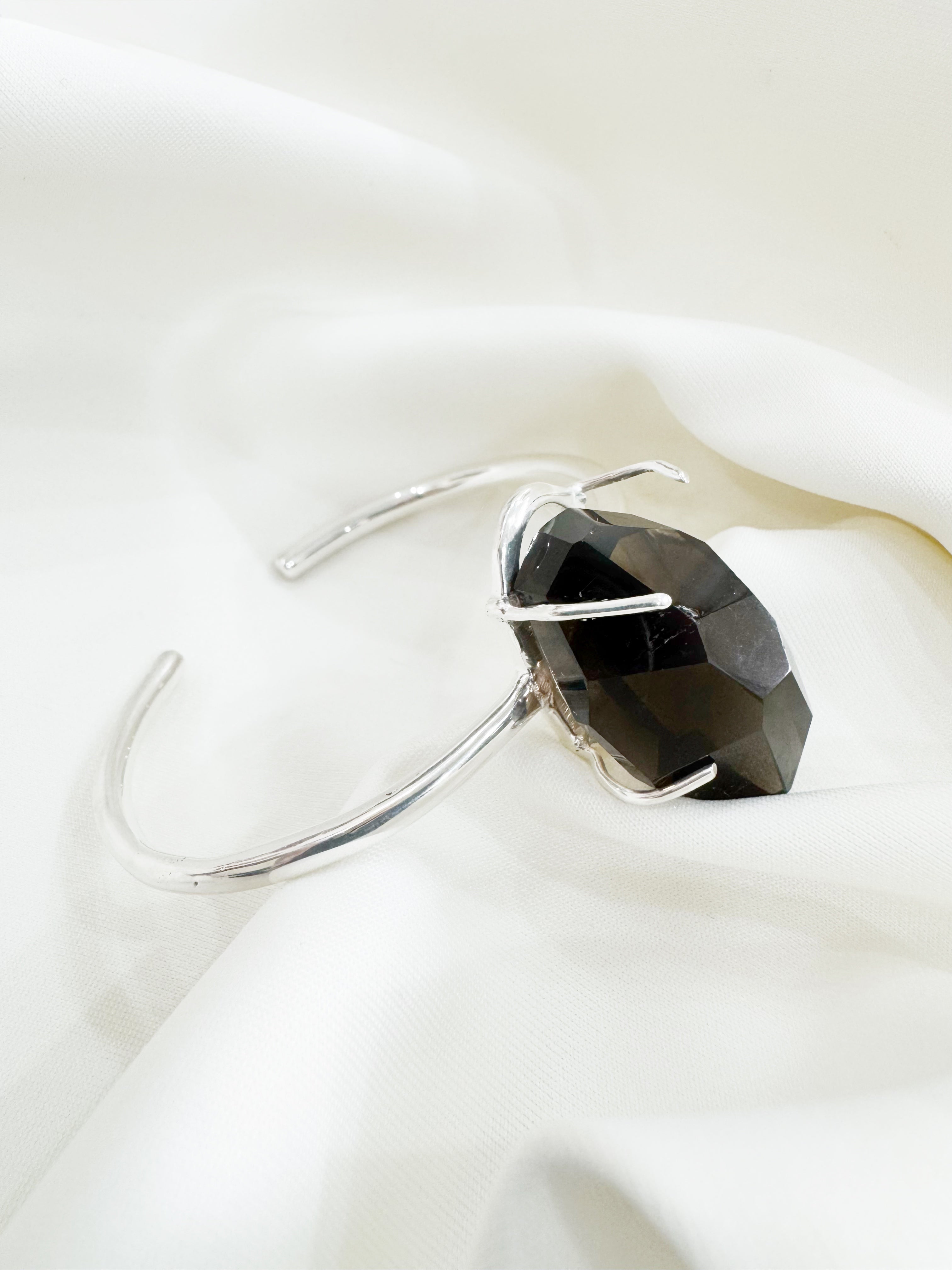 92.5 Silver Open Bracelet Cuff - Smoky Quartz