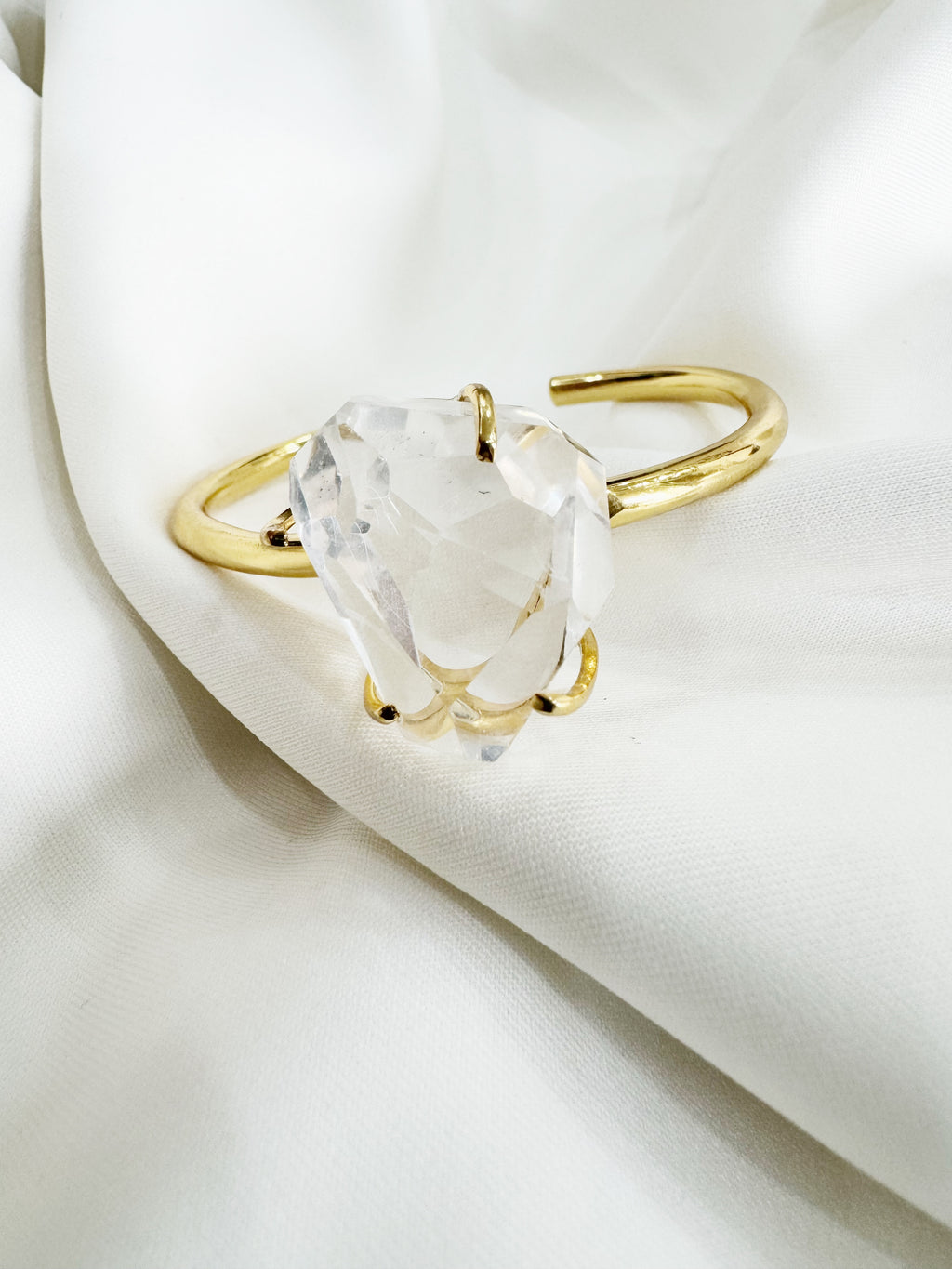 Gold Plated 92.5 Silver Open Bracelet Cuff - Clear Quartz