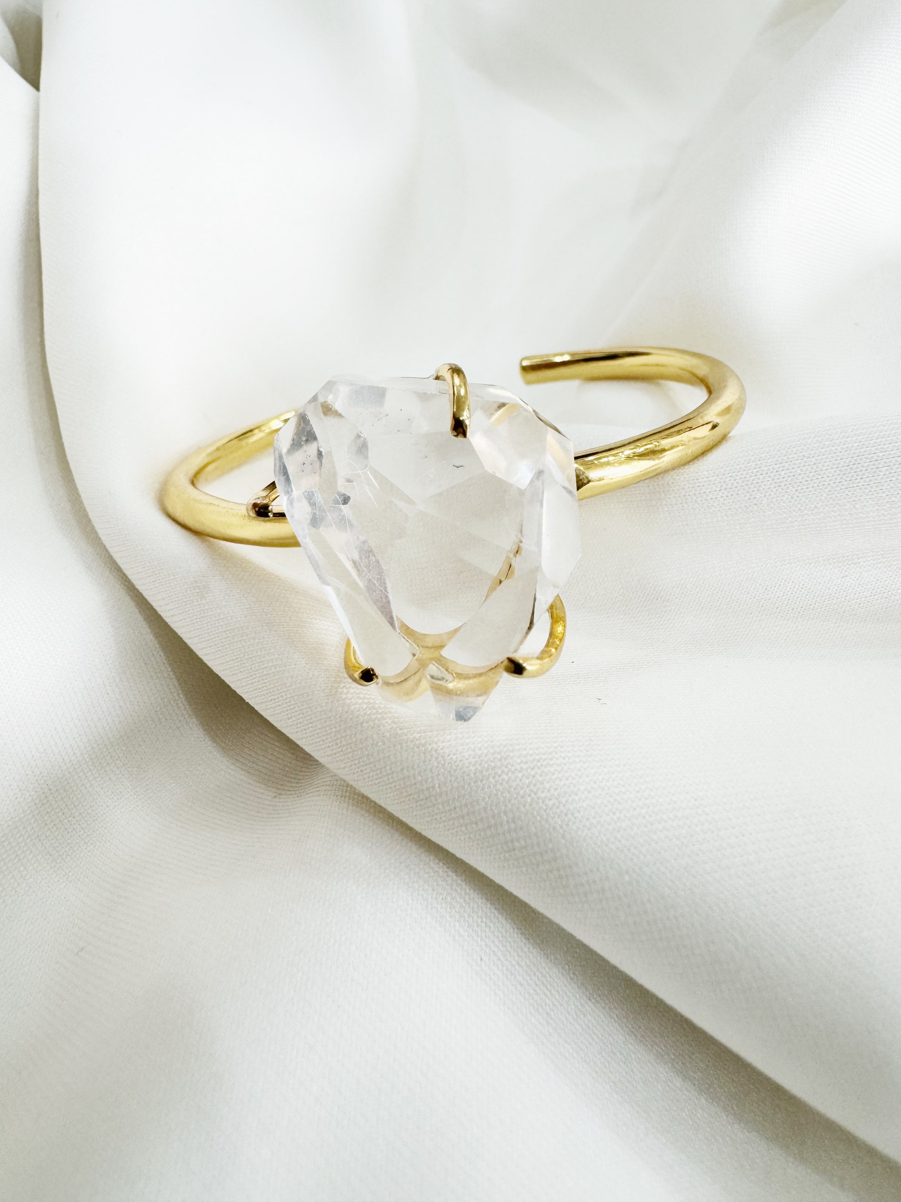 Gold Plated 92.5 Silver Open Bracelet Cuff - Clear Quartz