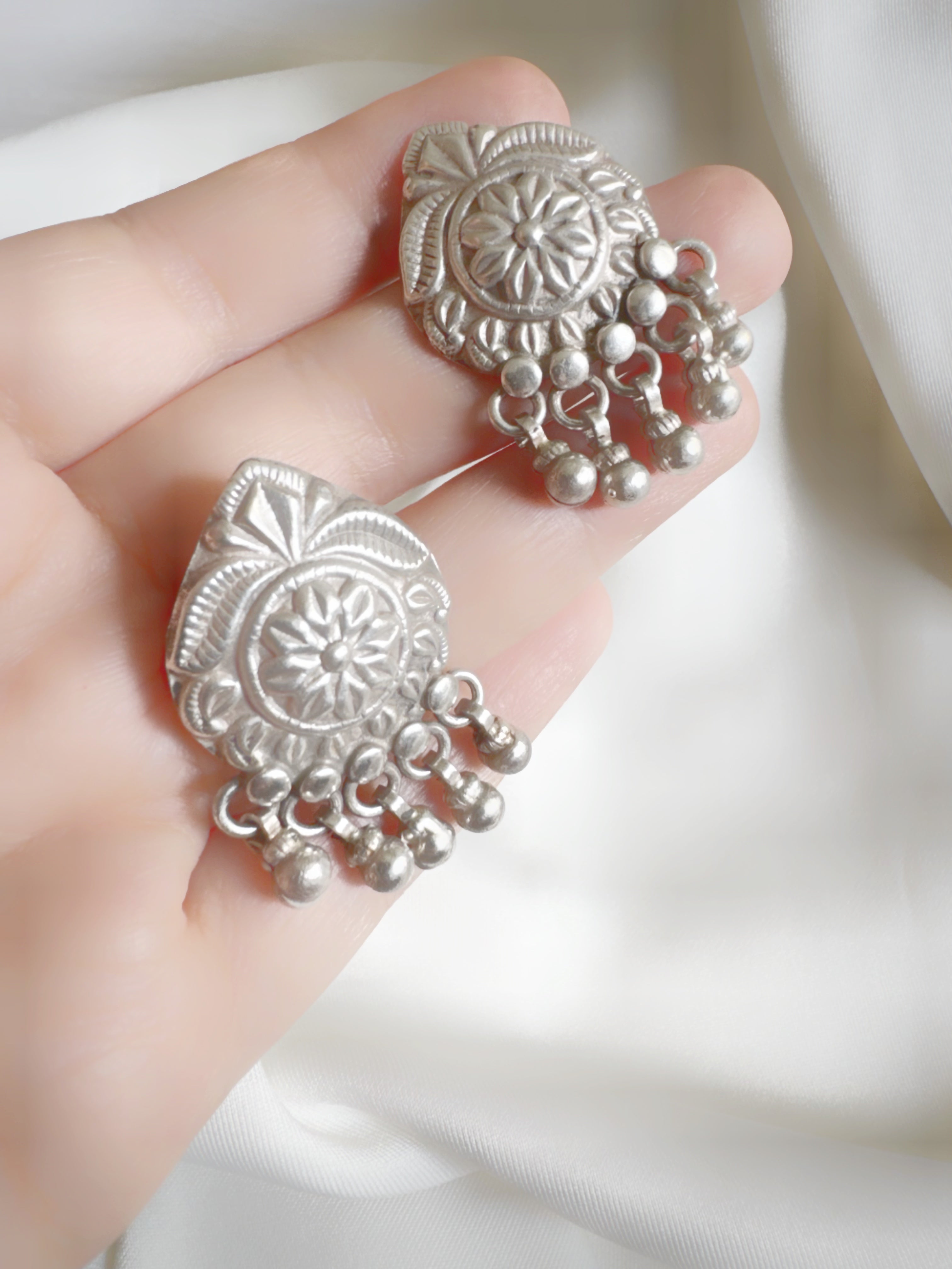 Bold Floral Jhumka Stud Earrings in 92.5 Silver – Handcrafted Heritage Charm