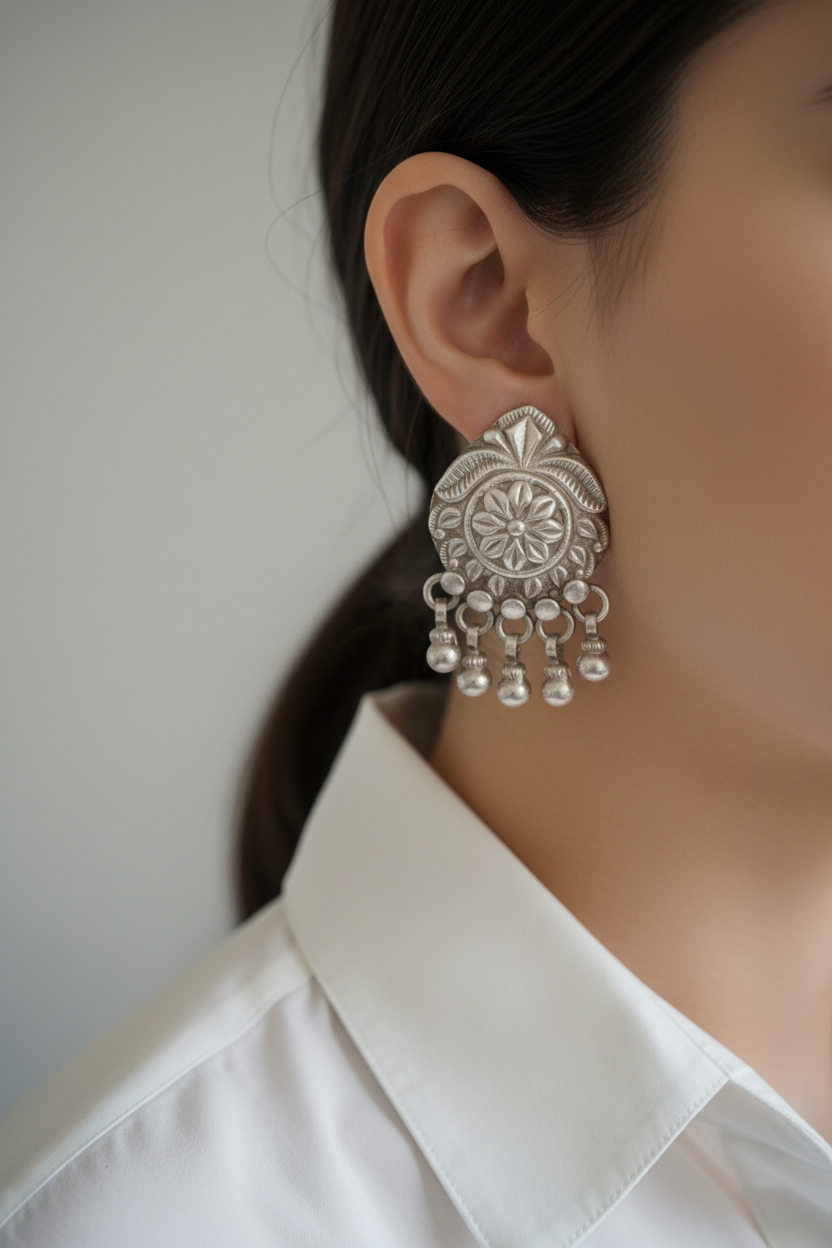 Bold Floral Jhumka Stud Earrings in 925 Silver – Handcrafted Heritage Charm