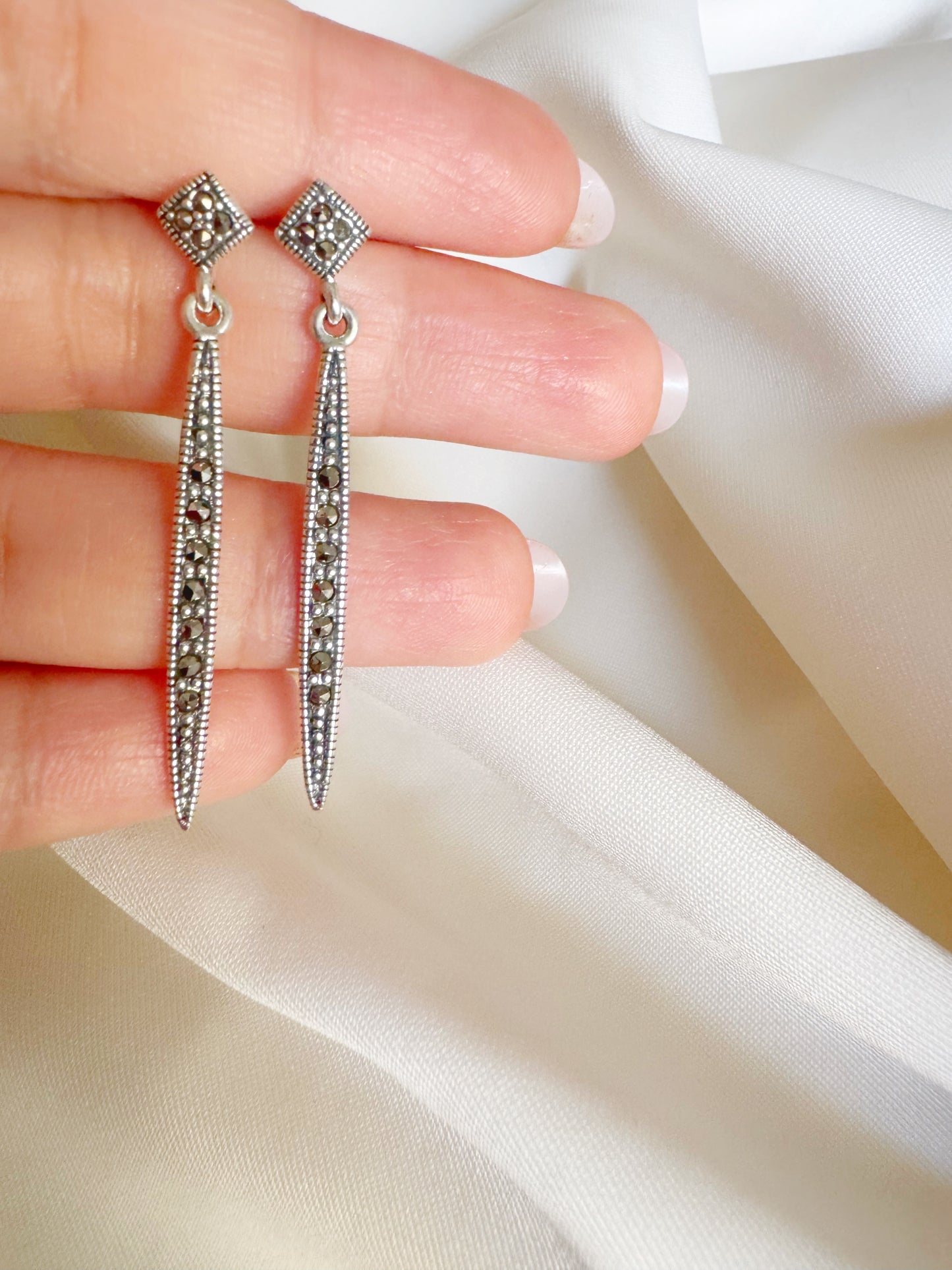 Regal Plume Marcasite Drop - 92.5 Silver Earrings