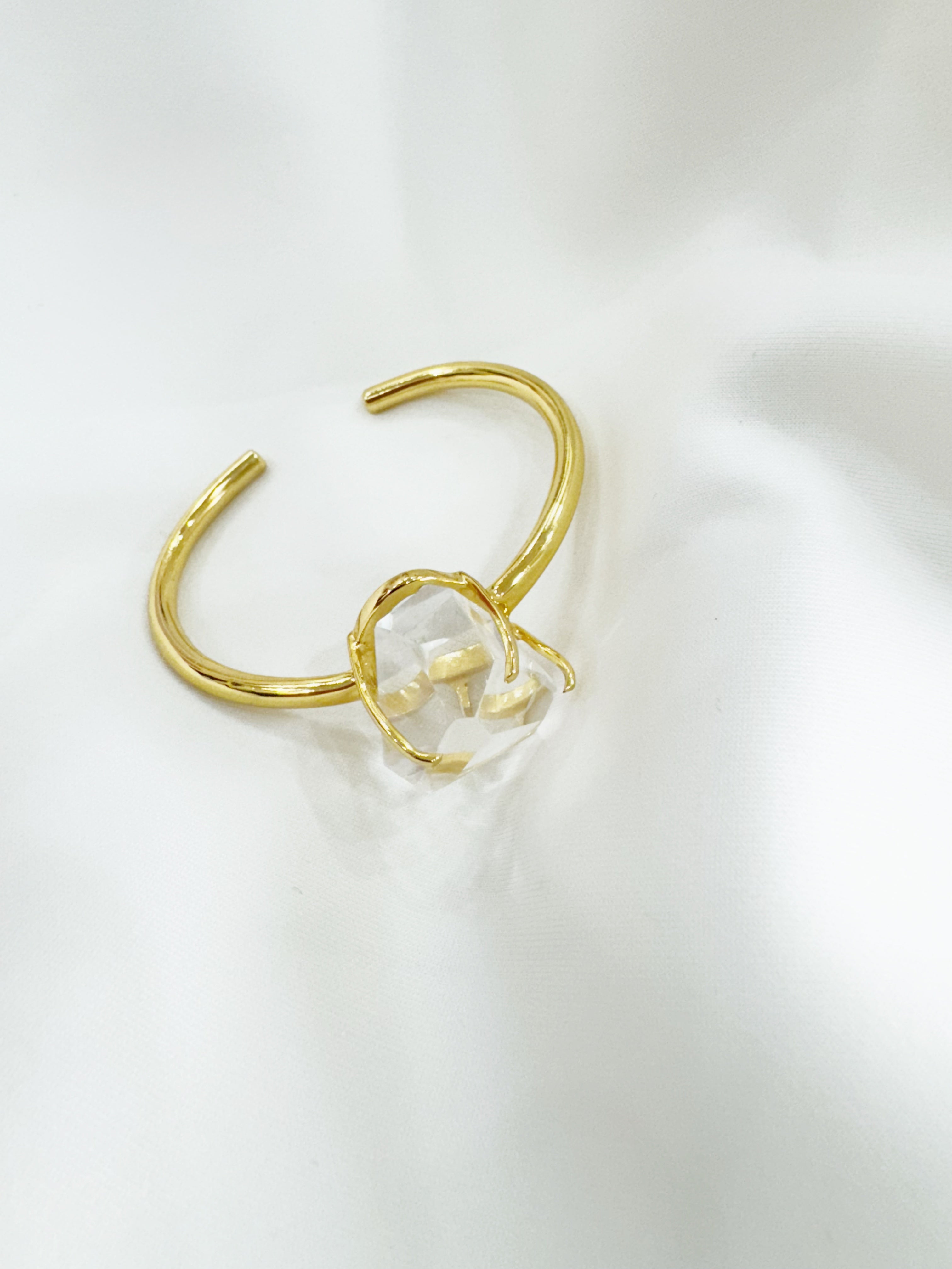 Gold Plated 92.5 Silver Open Bracelet Cuff - Clear Quartz