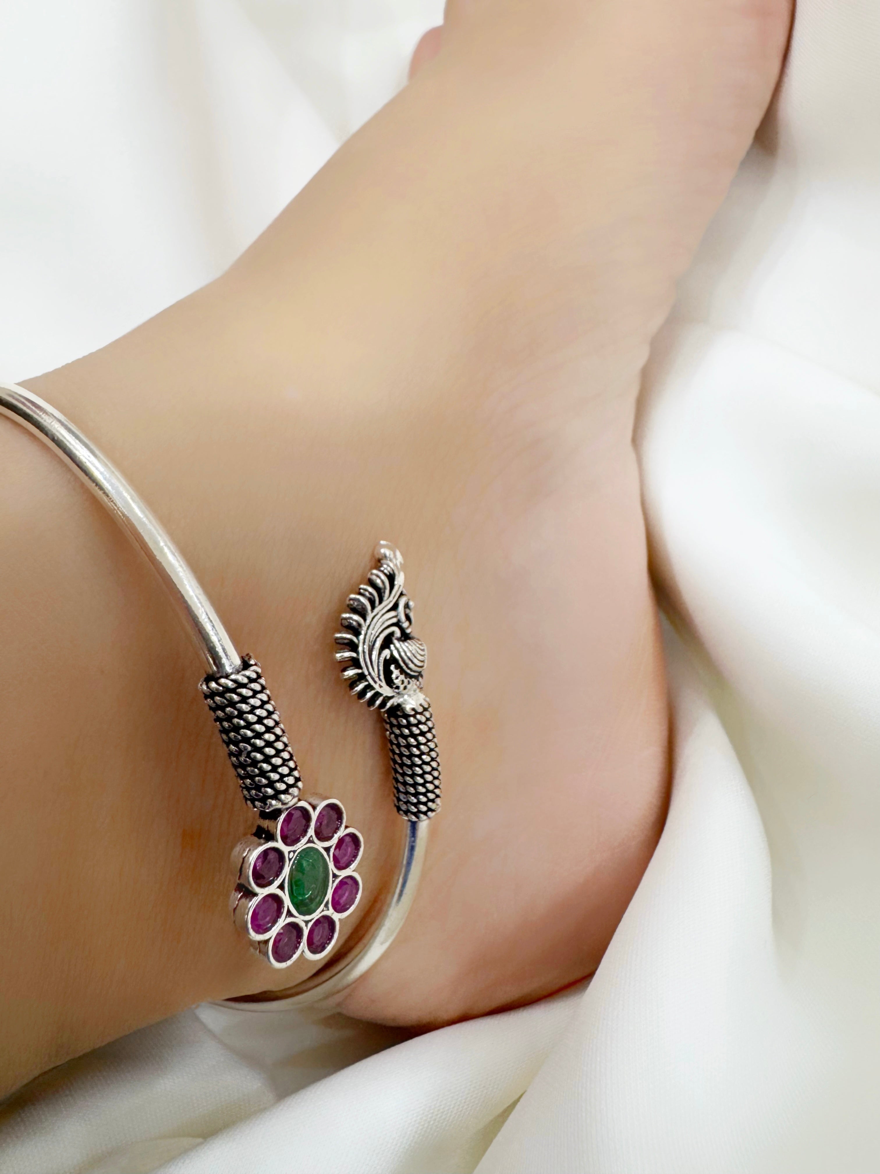 Mayura Blossom 92.5 Silver Handcrafted Kada Anklet (Single Piece)