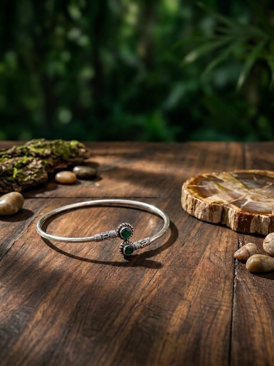 Antique 925 Silver Green Stone Kada Anklet (Single Piece)