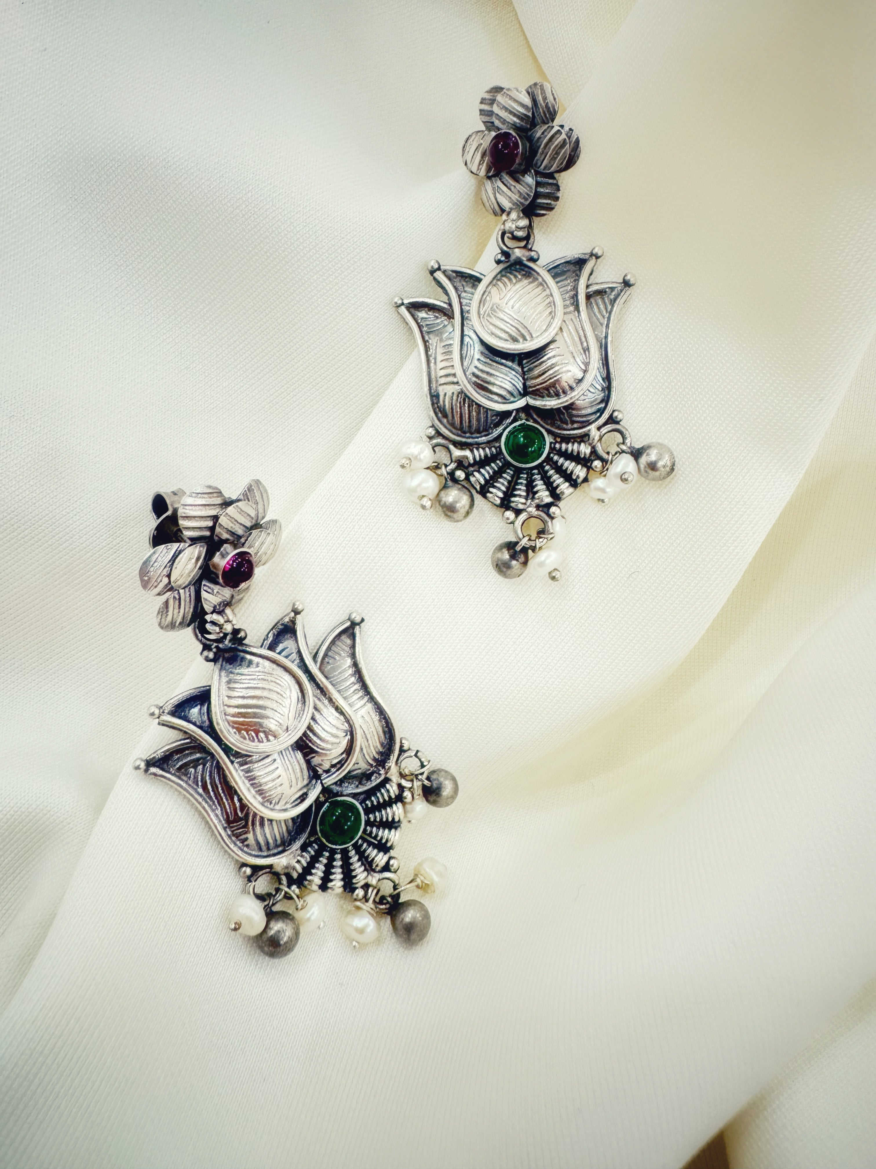 Antique Silver Padma Divya Temple Earrings