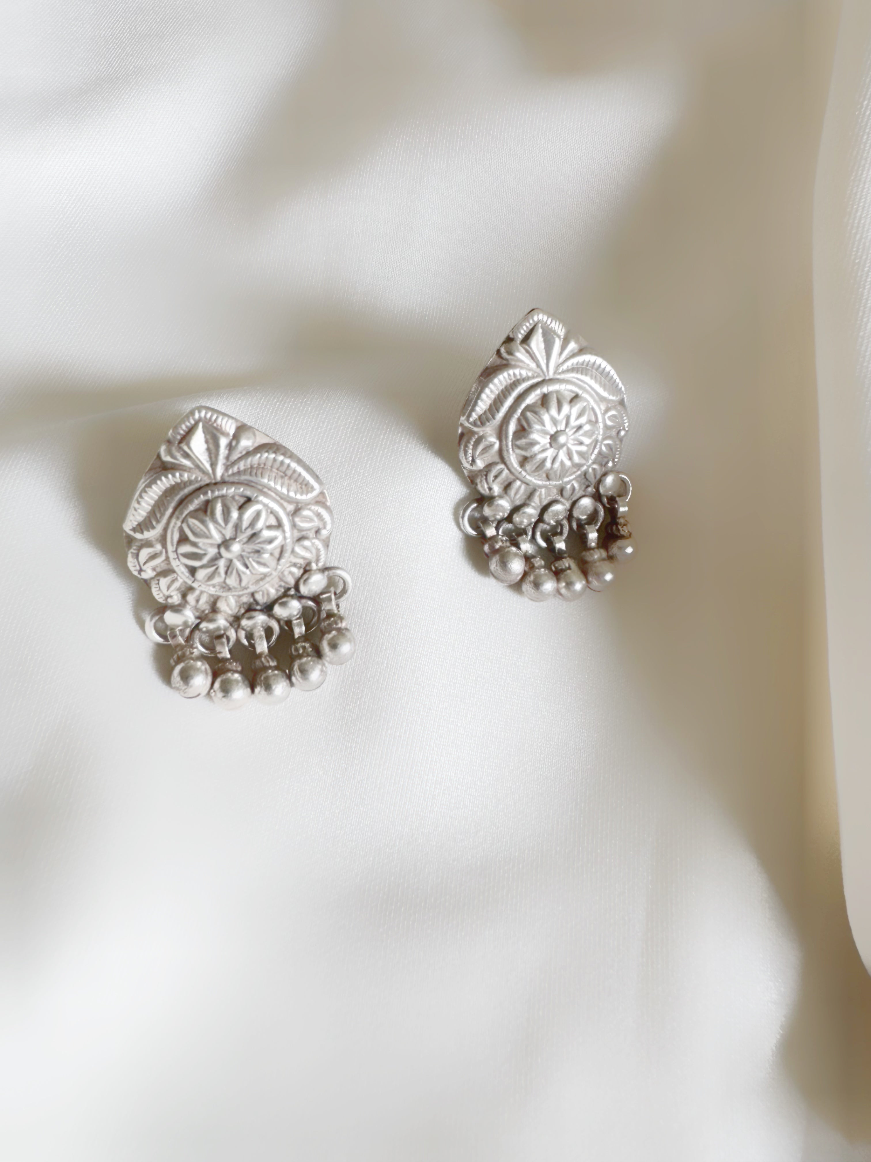 Bold Floral Jhumka Stud Earrings in 92.5 Silver – Handcrafted Heritage Charm