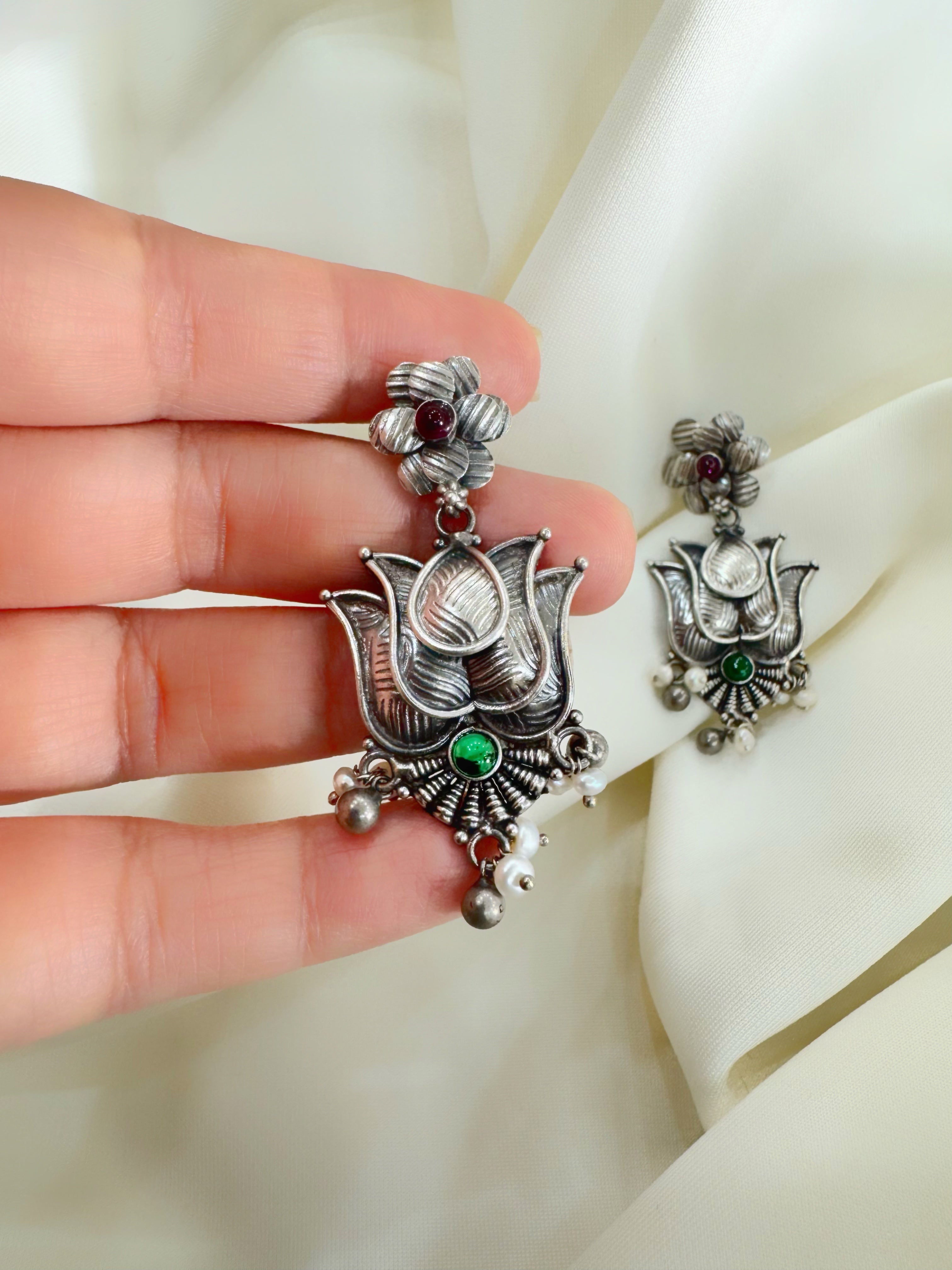 Antique Silver Padma Divya Temple Earrings