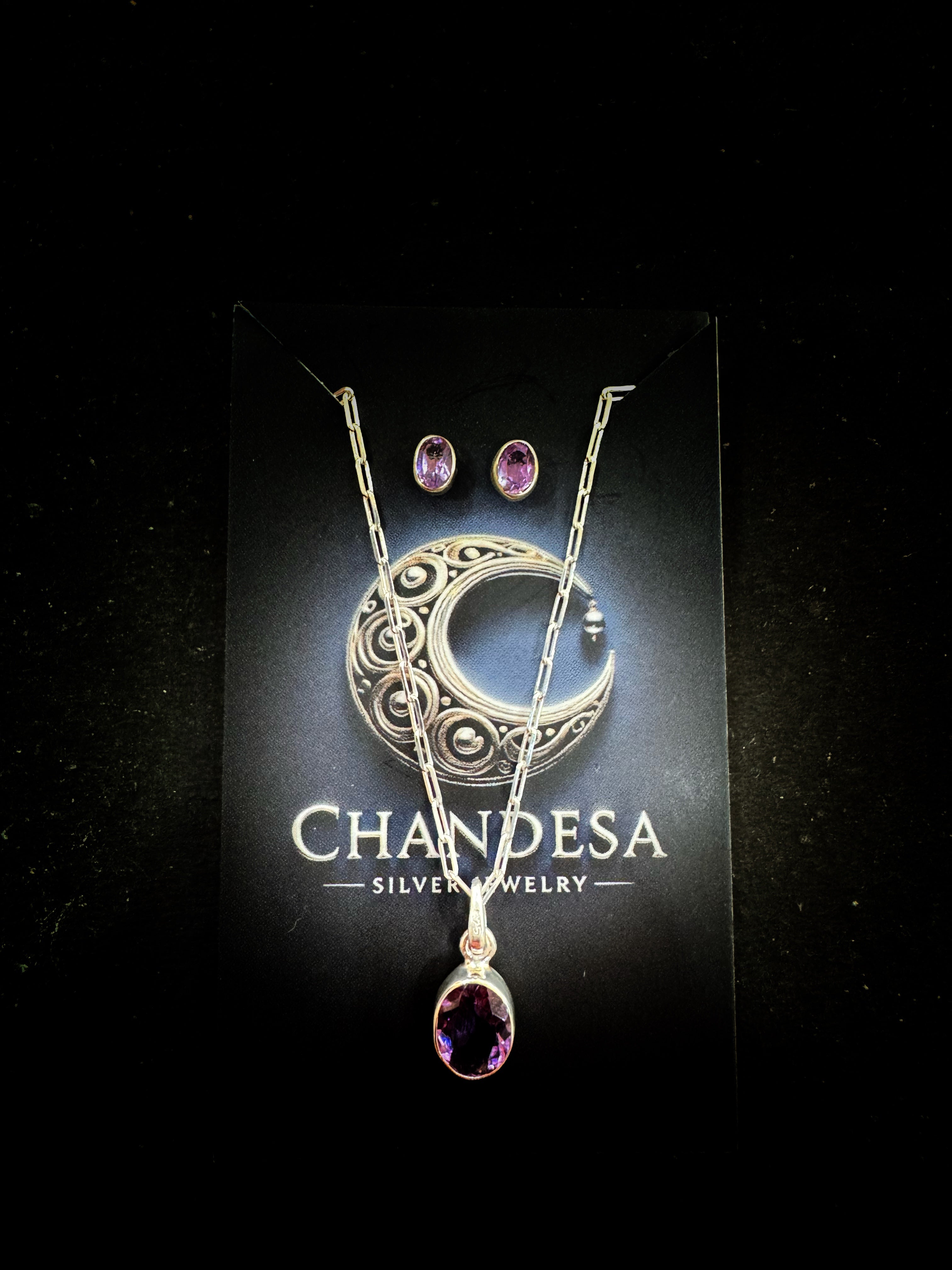 92.5 Silver Amethyst Stone Minimalistic Necklace Set
