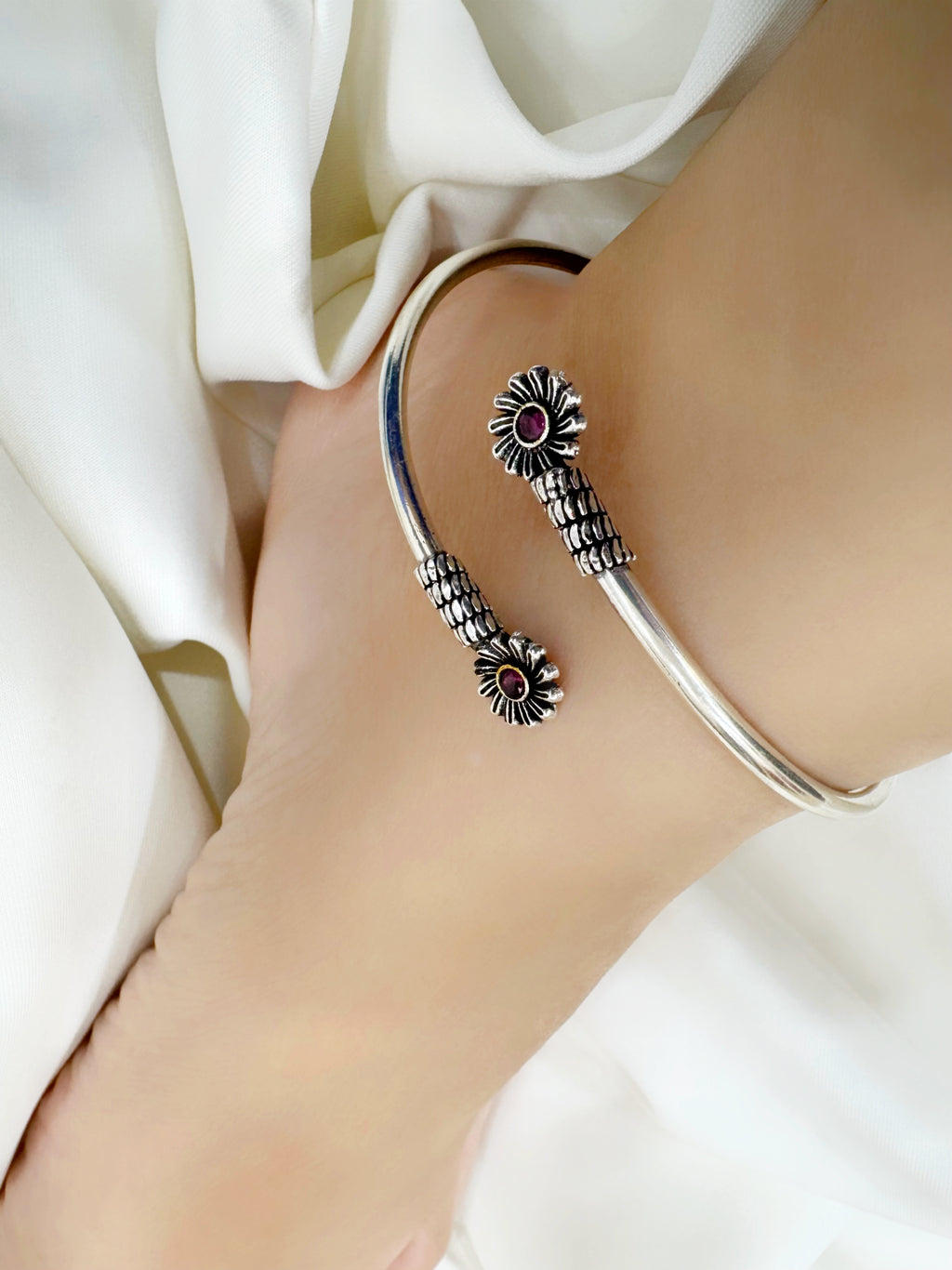 Gulika Bloom 92.5 Silver Handcrafted Kada Anklet (Single Piece)