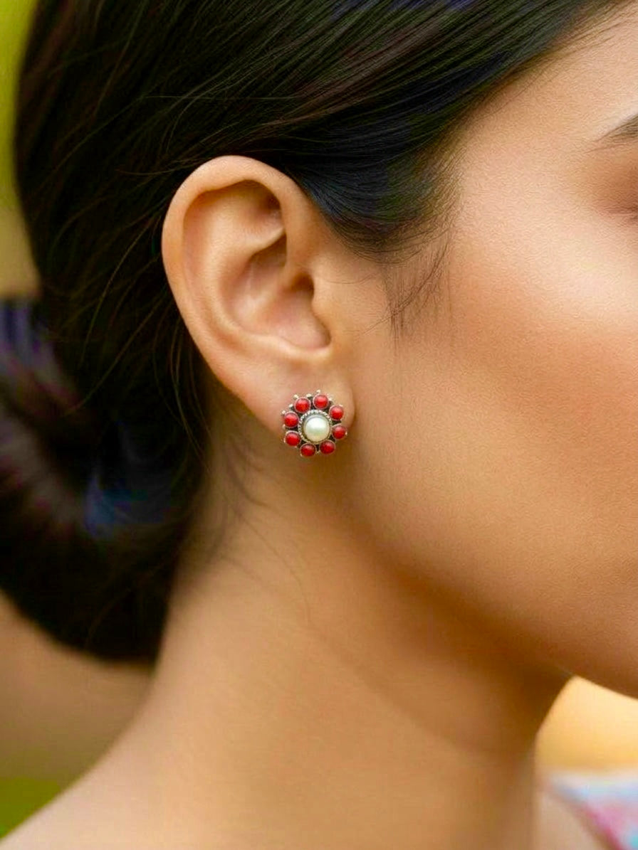 Silver 925 Red White Round Earrings