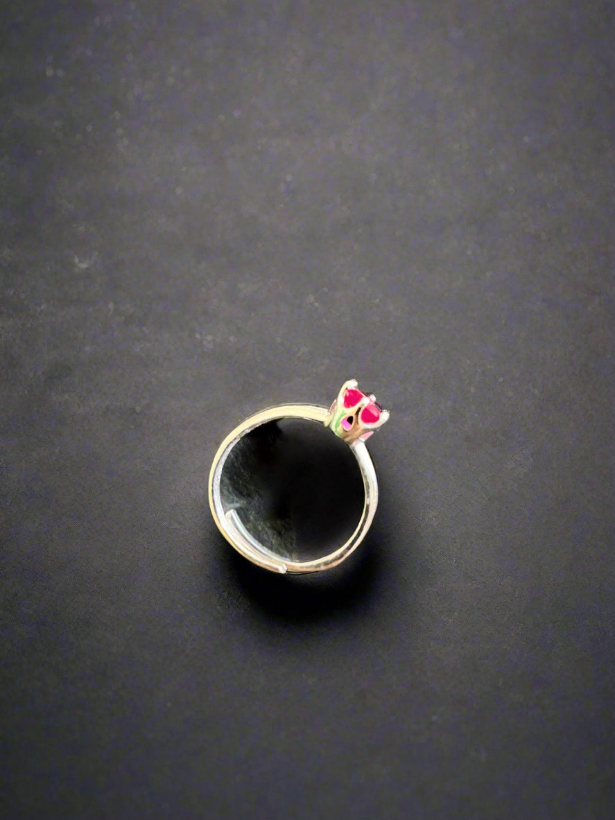 92.5 Silver Ring with Red Round Stone (Adjustable Size)