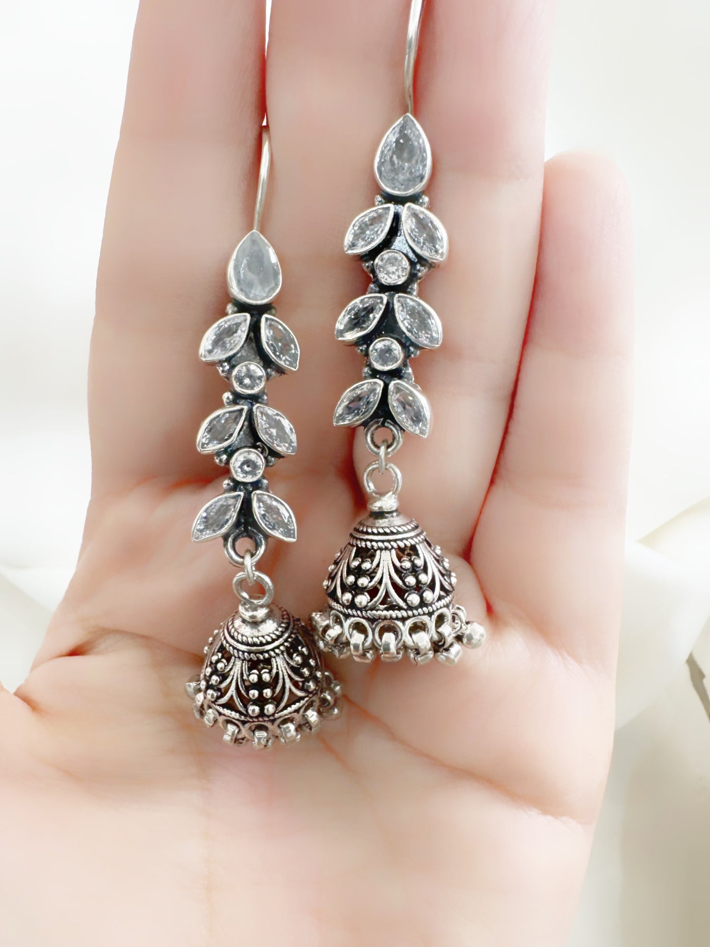 Antique Nayira Crystal Vine 92.5 Silver Jhumki Earrings - Handcrafted