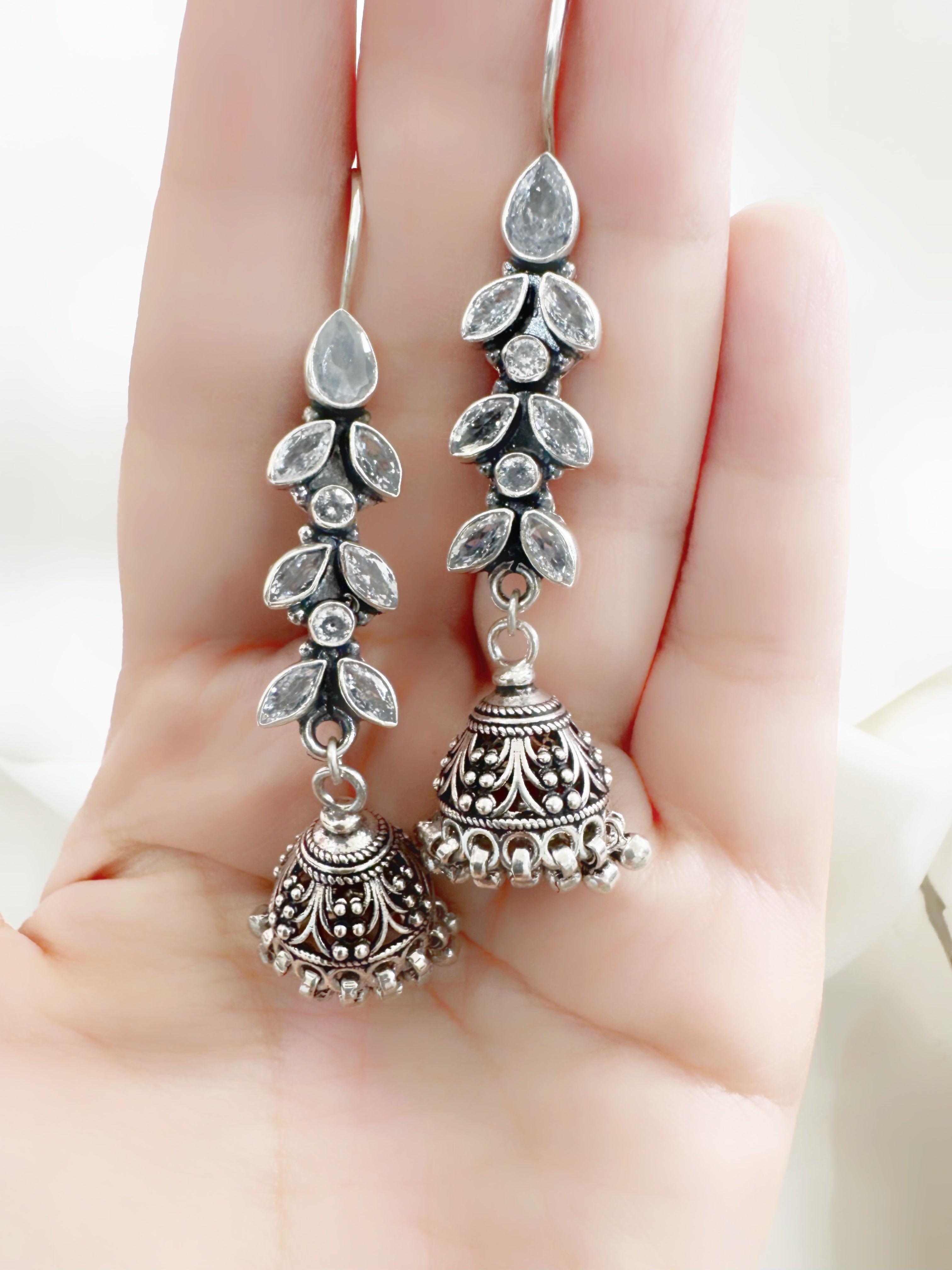 Antique Nayira Crystal Vine 92.5 Silver Jhumki Earrings - Handcrafted