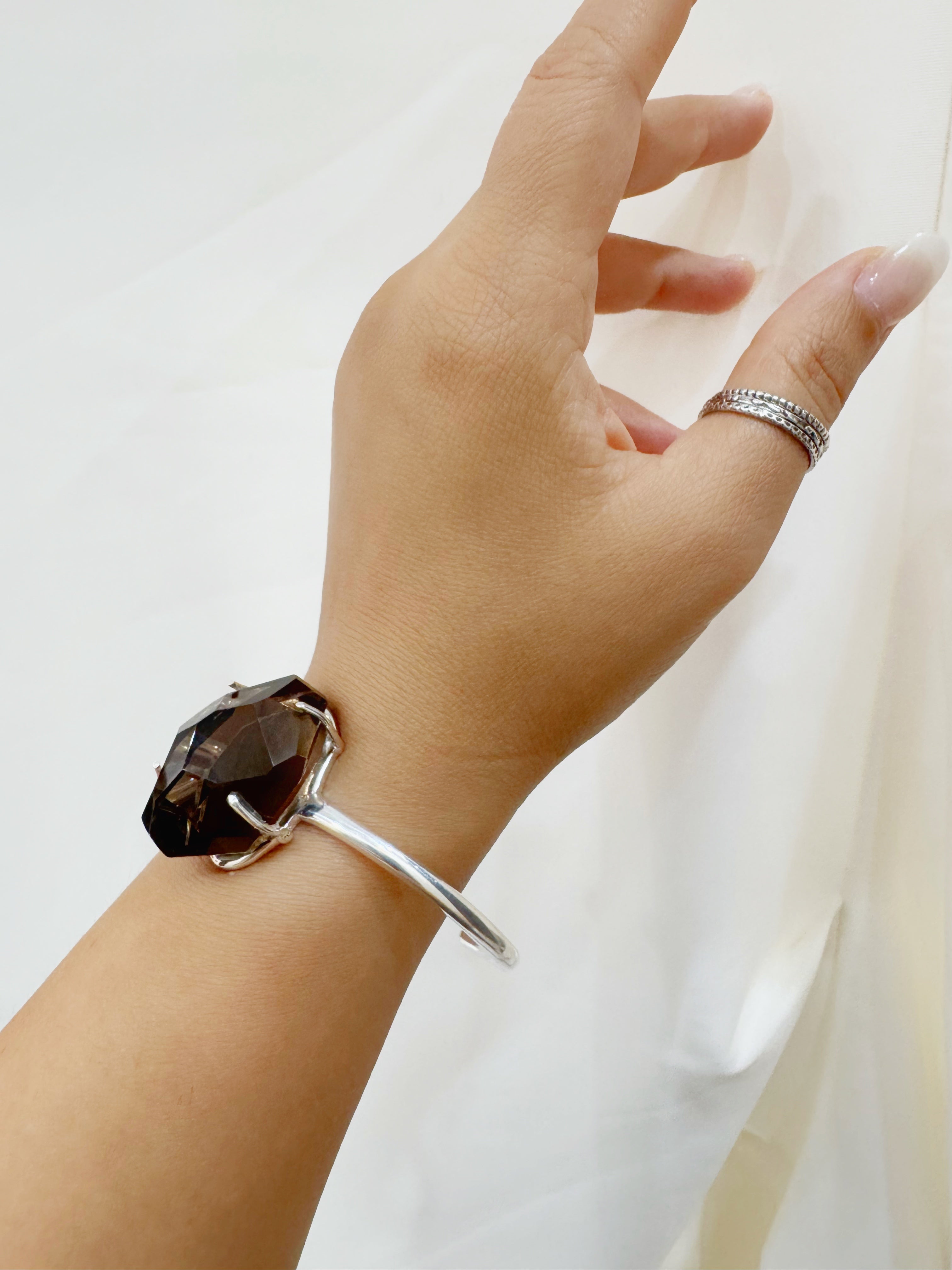 92.5 Silver Open Bracelet Cuff - Smoky Quartz