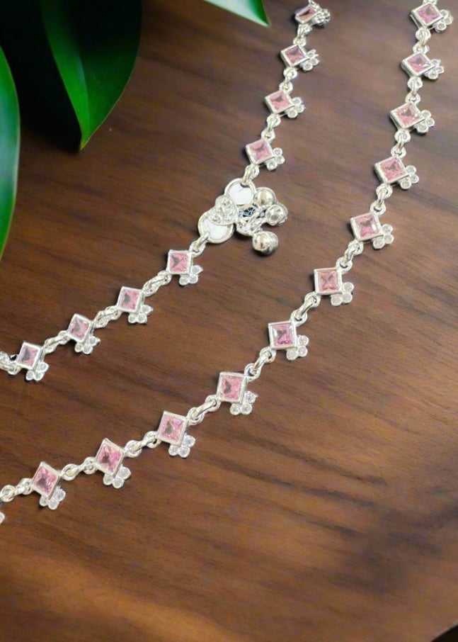 92.5 Silver Pink Stones Anklets - Pair