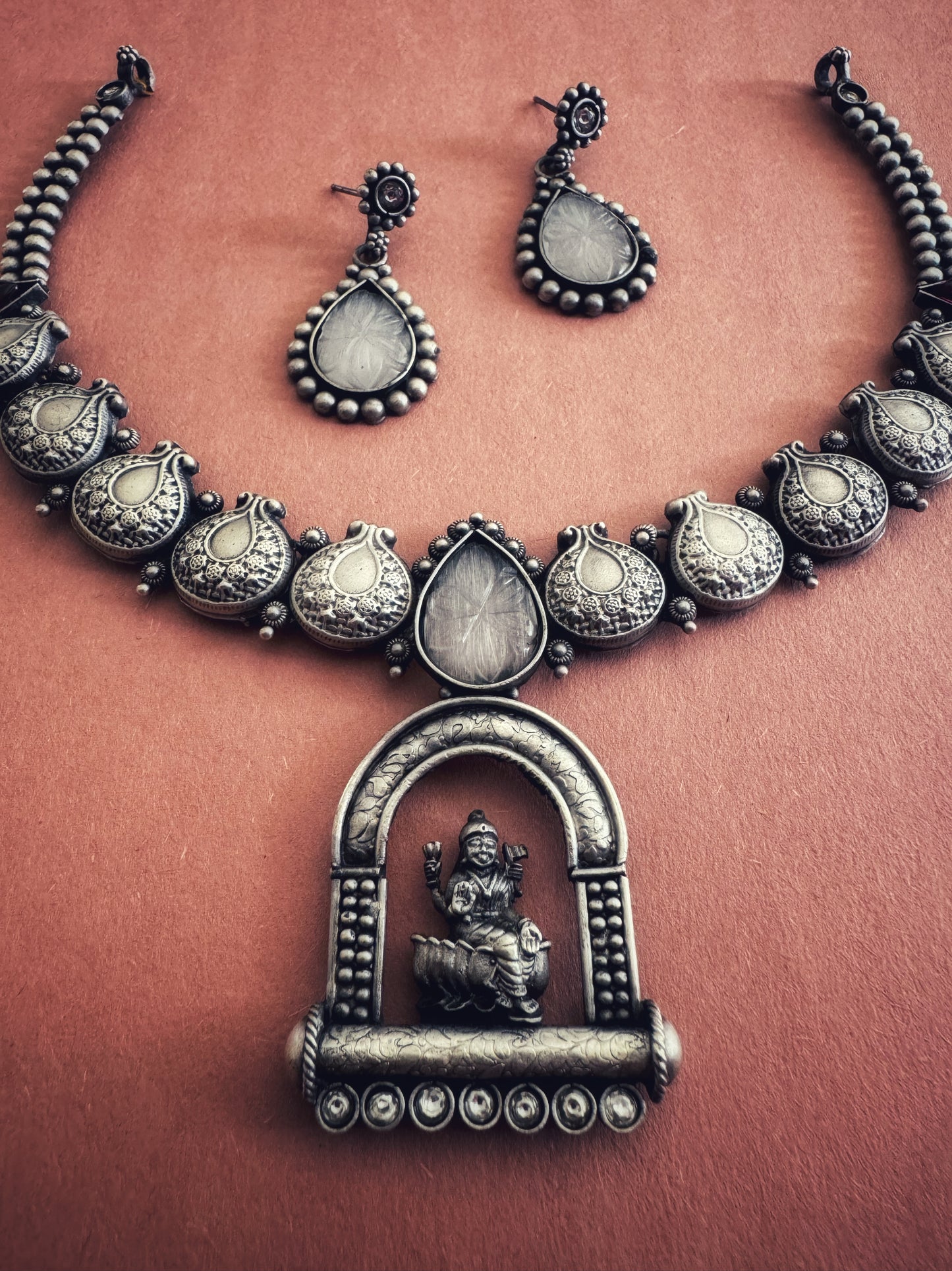 Antique Silver Saraswati Temple Necklace Set