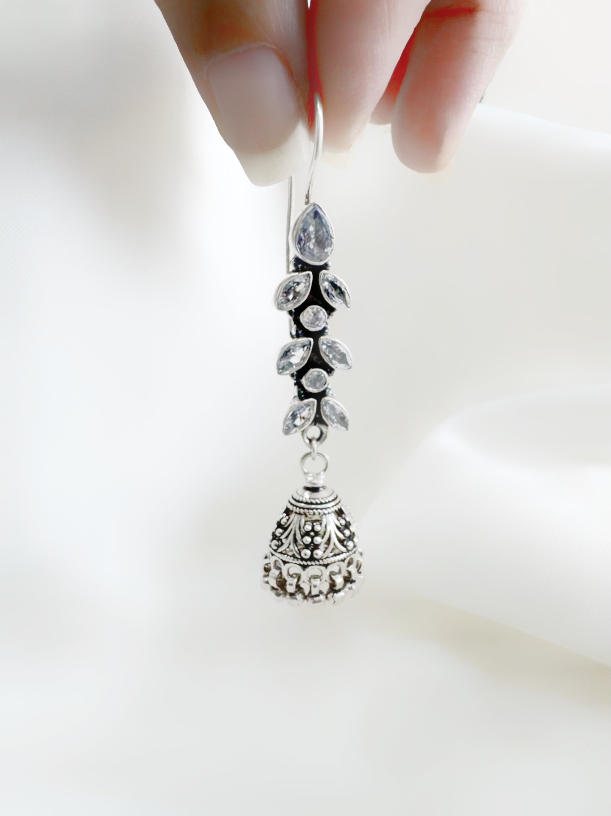 Antique Nayira Crystal Vine 92.5 Silver Jhumki Earrings - Handcrafted