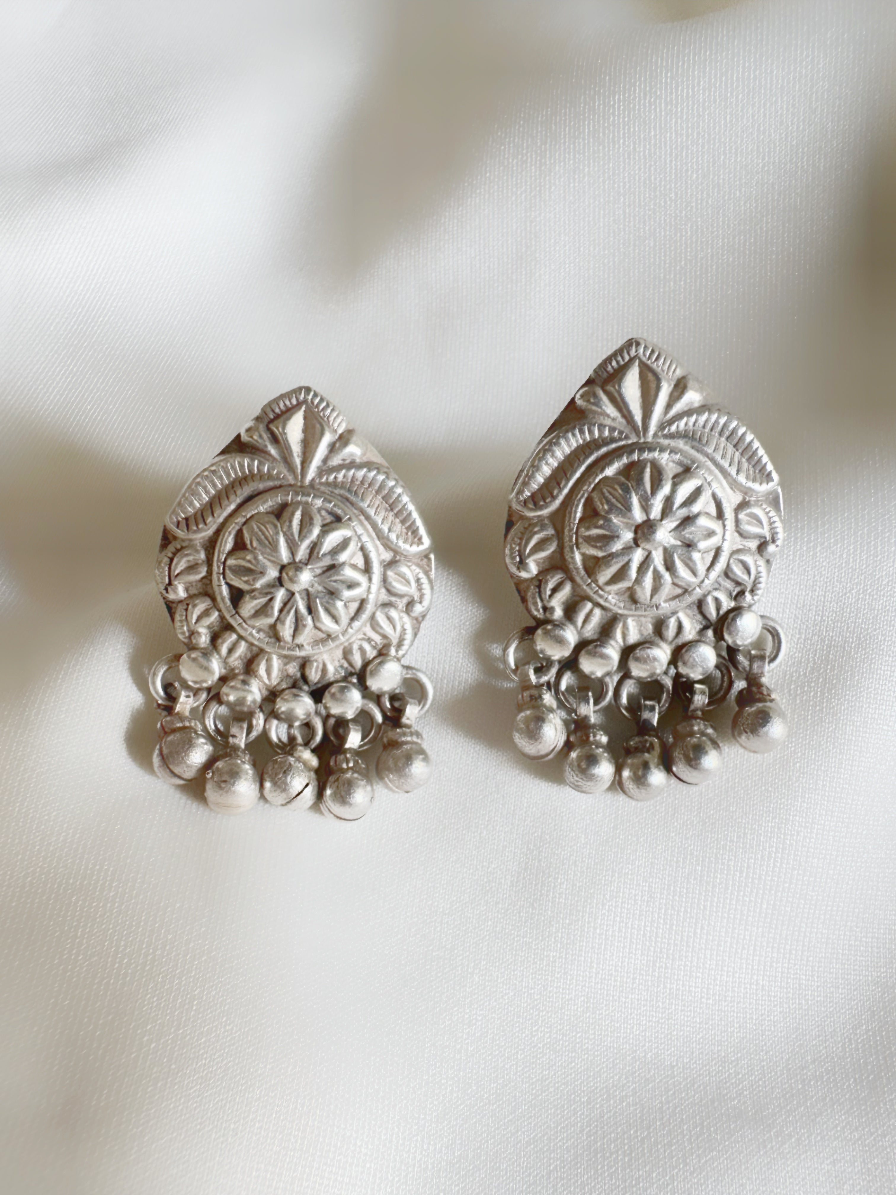 Bold Floral Jhumka Stud Earrings in 92.5 Silver – Handcrafted Heritage Charm