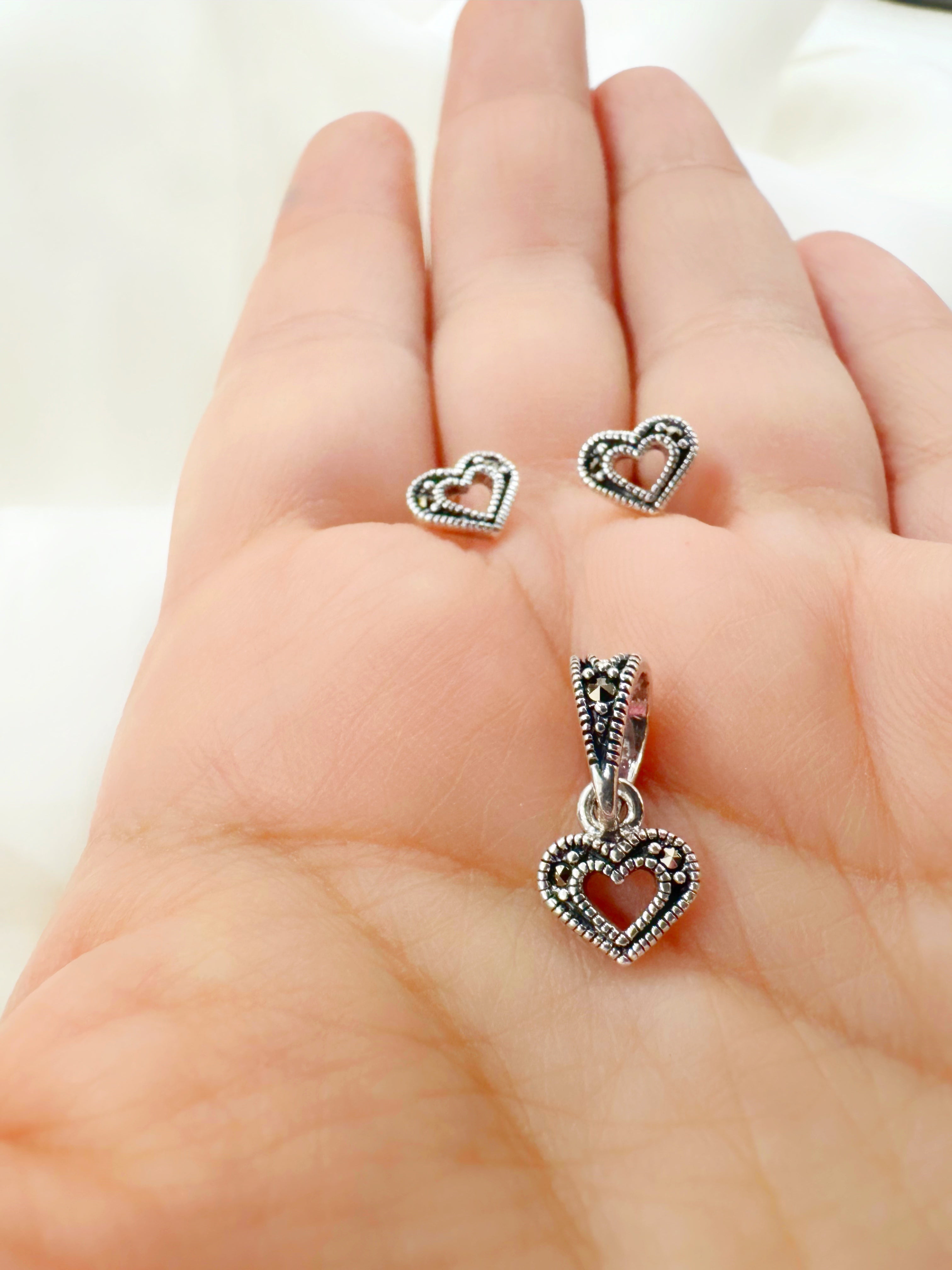 Vintage Heart Marcasite 92.5 Silver Earrings & Pendant Set