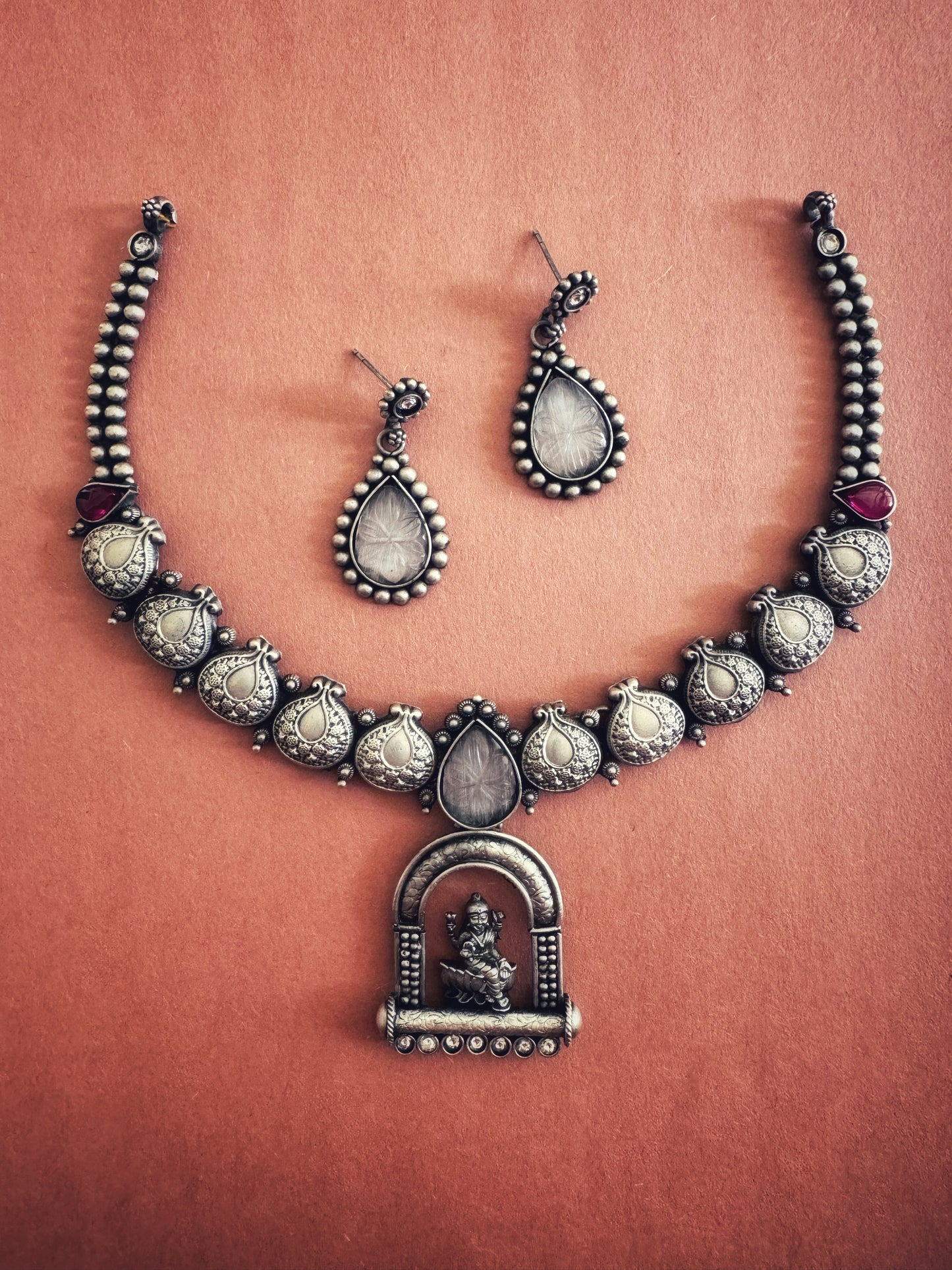 Antique Silver Saraswati Temple Necklace Set