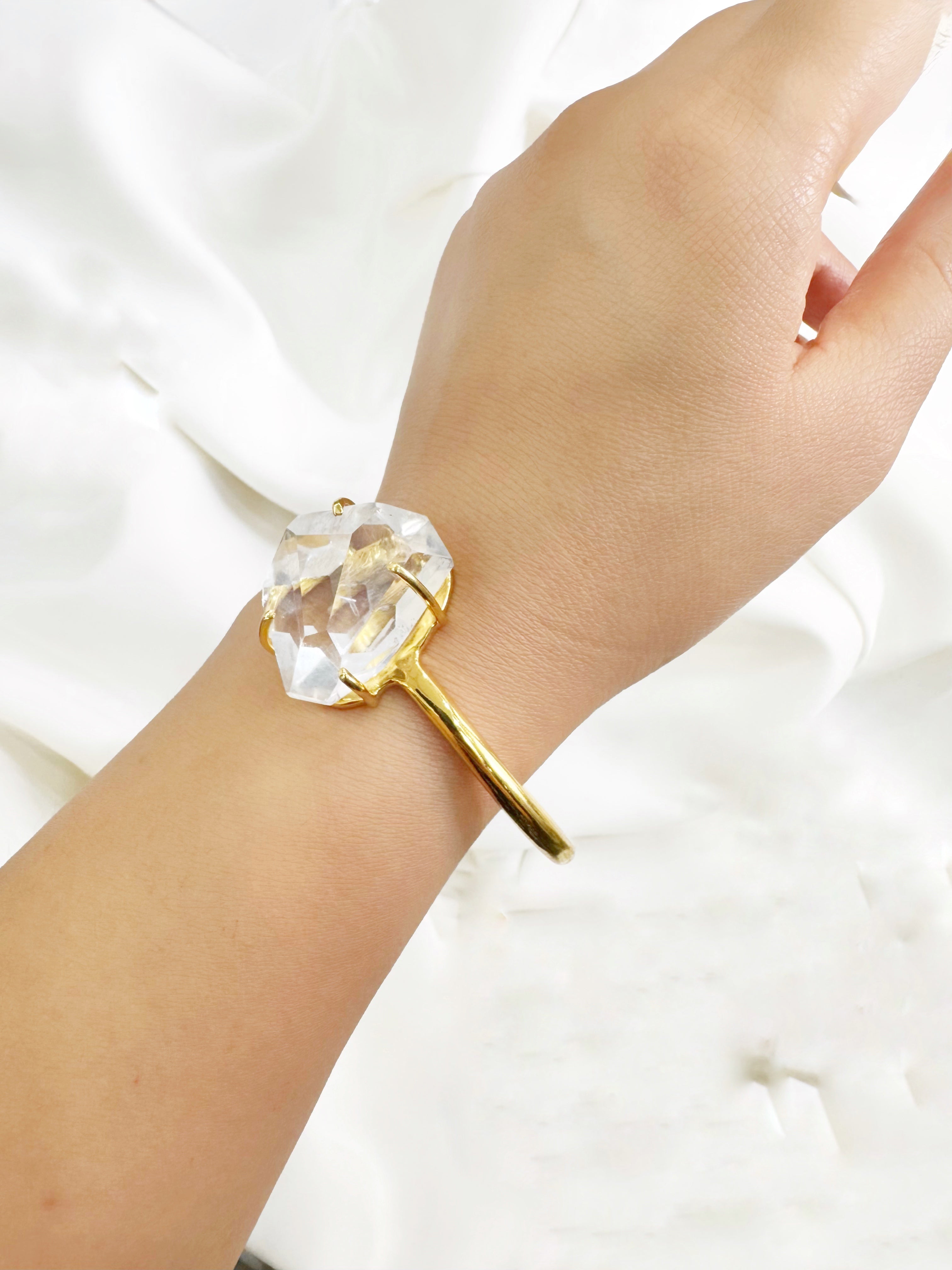 Gold Plated 92.5 Silver Open Bracelet Cuff - Clear Quartz