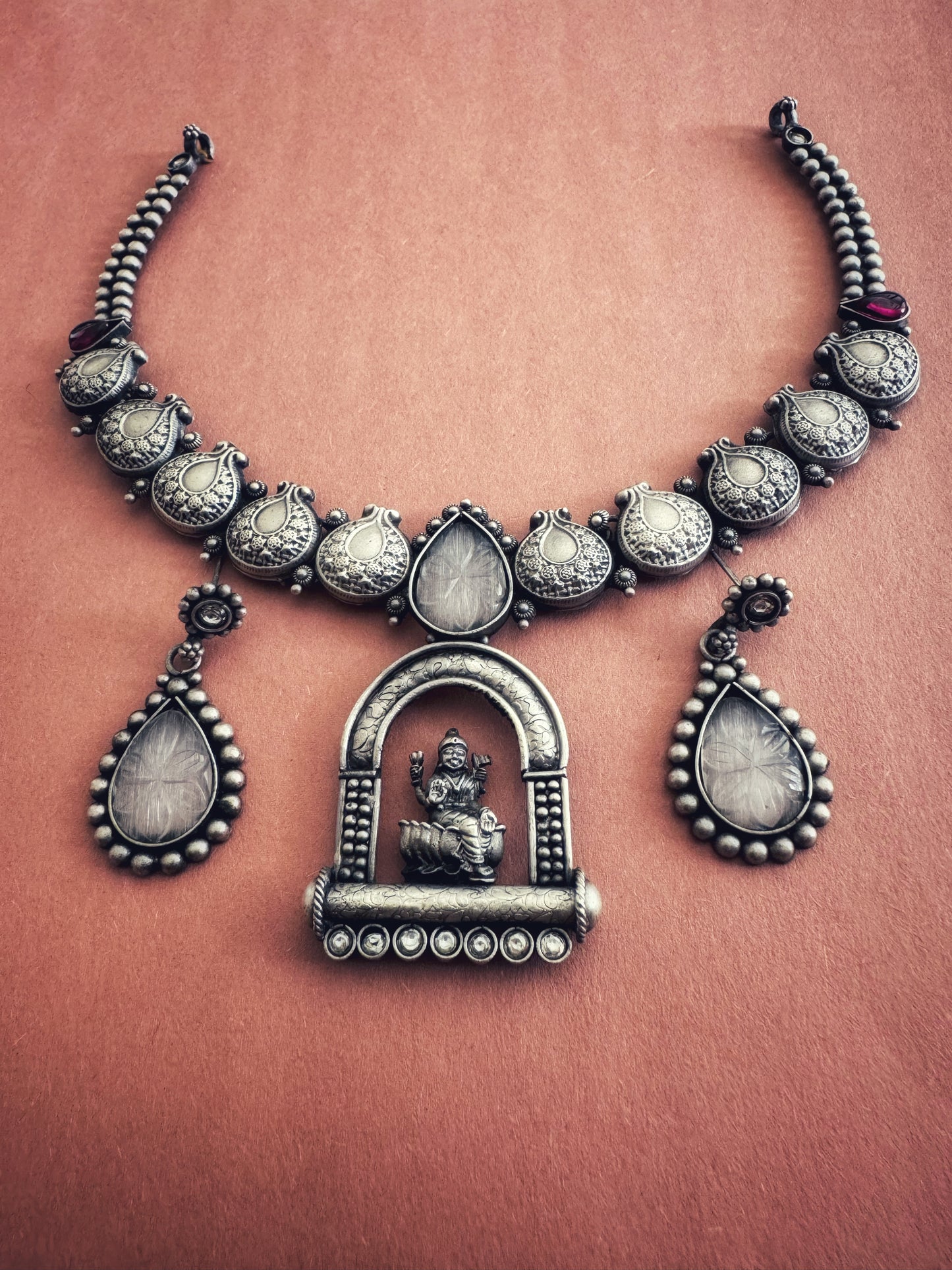 Antique Silver Saraswati Temple Necklace Set