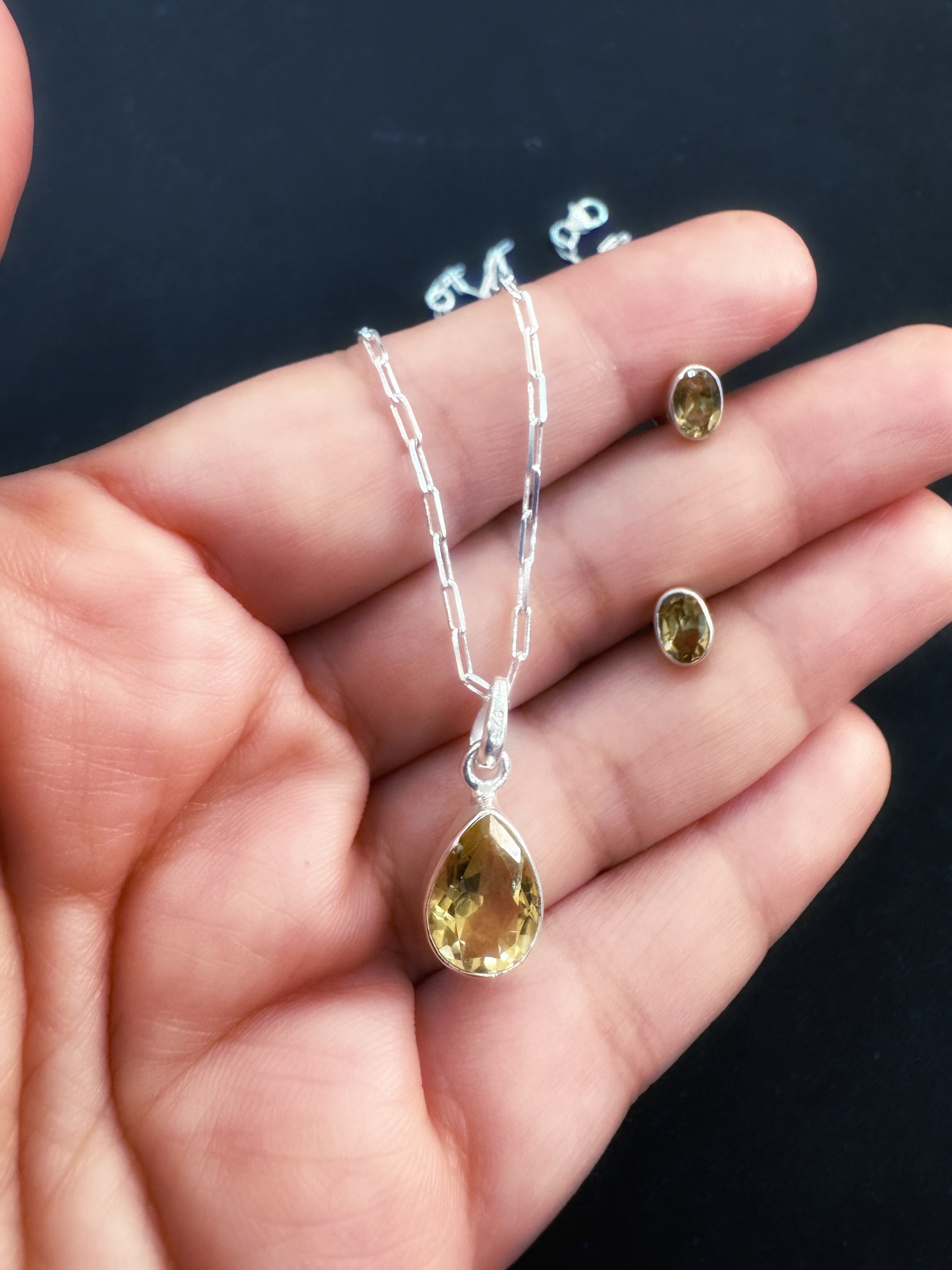 92.5 Silver Citrine Stone Minimalistic Necklace Set
