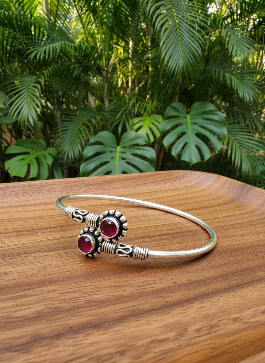 Antique 92.5 Silver Red Stone Kada Anklet (Single Piece)