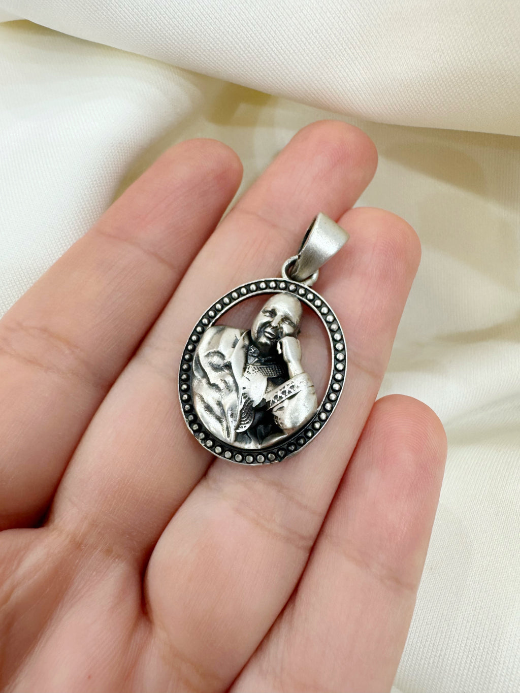 Guruji 92.5 Silver Handcrafted Oval Pendant (With or Without Chain)