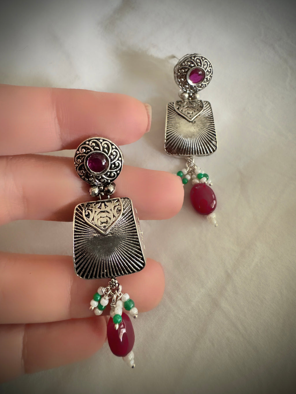 Antique 92.5 Silver Surya Trapezium Temple Earrings