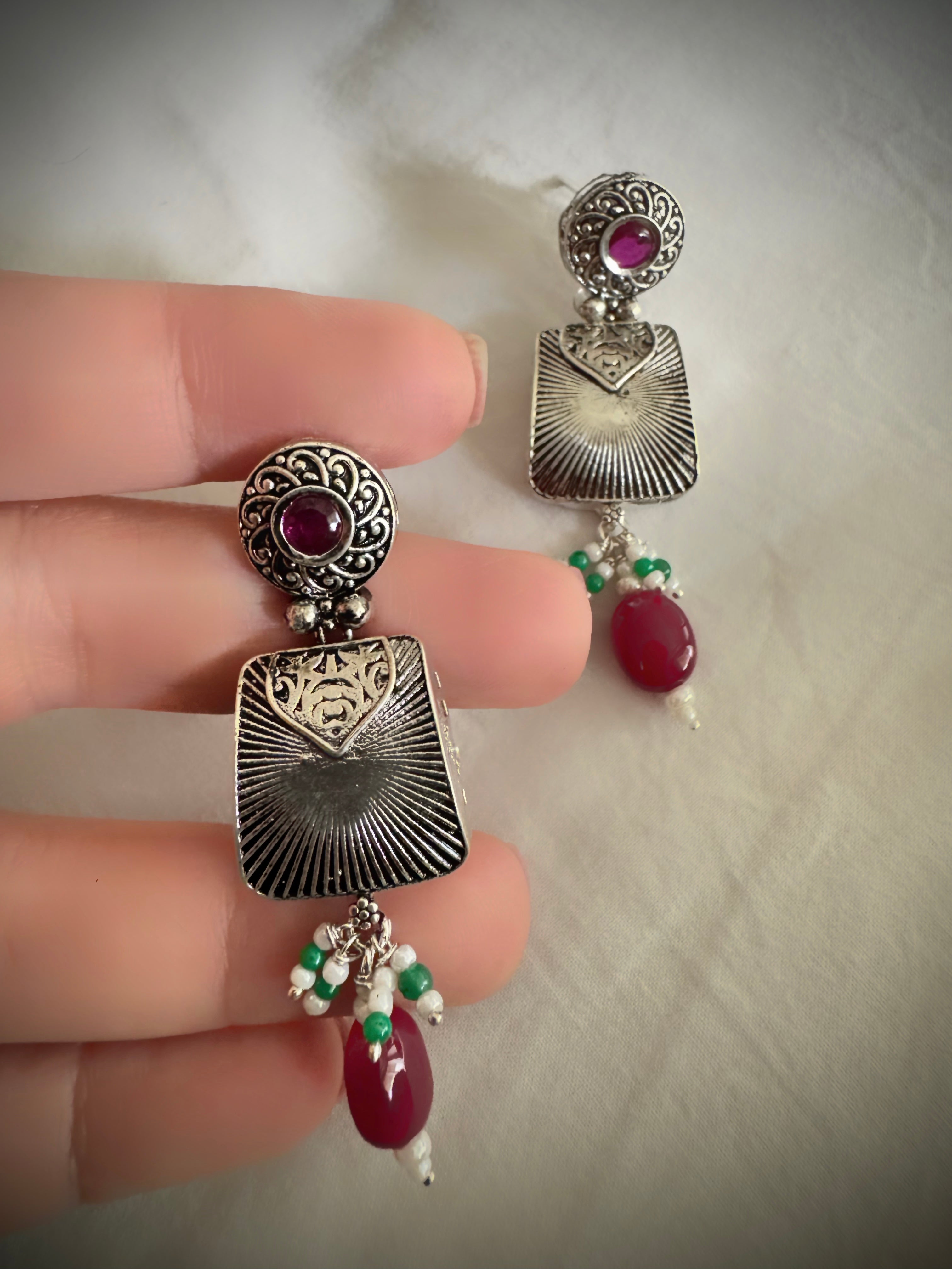 Antique 92.5 Silver Surya Trapezium Temple Earrings