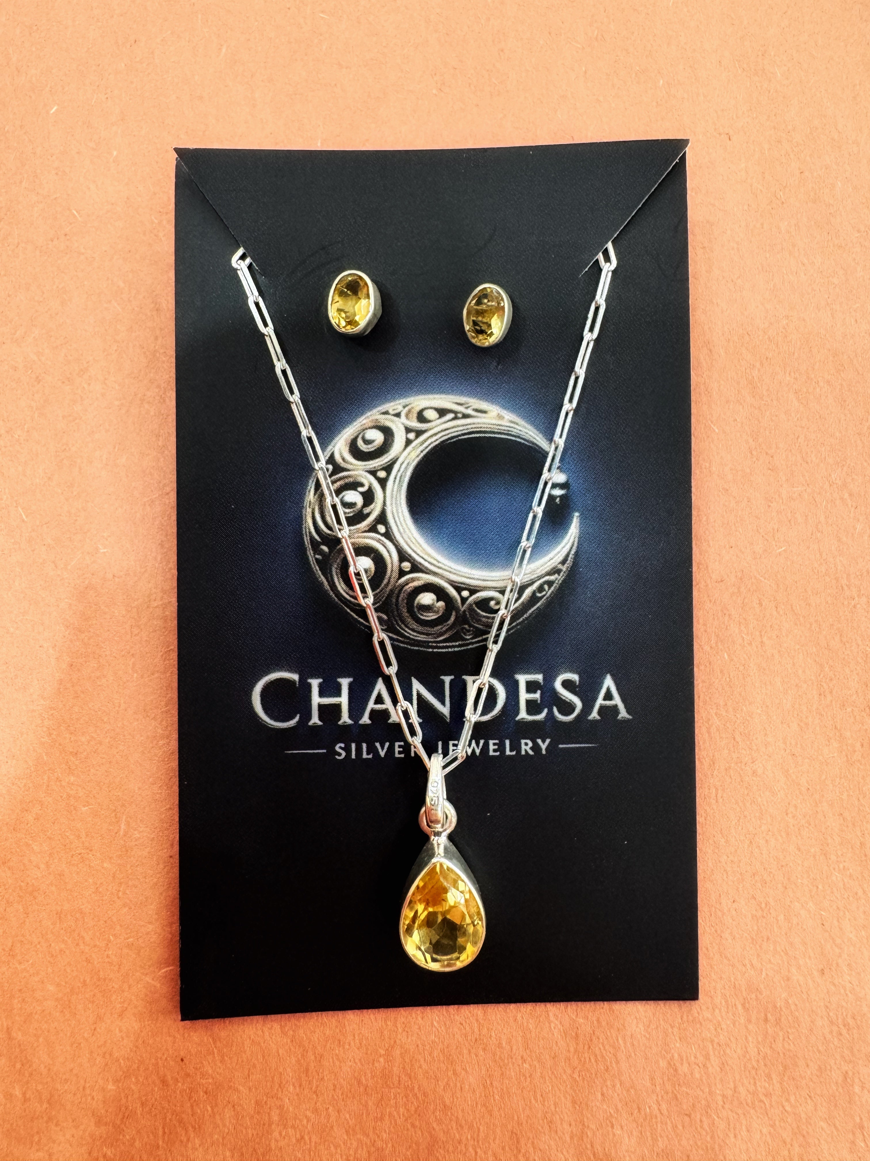 92.5 Silver Citrine Stone Minimalistic Necklace Set