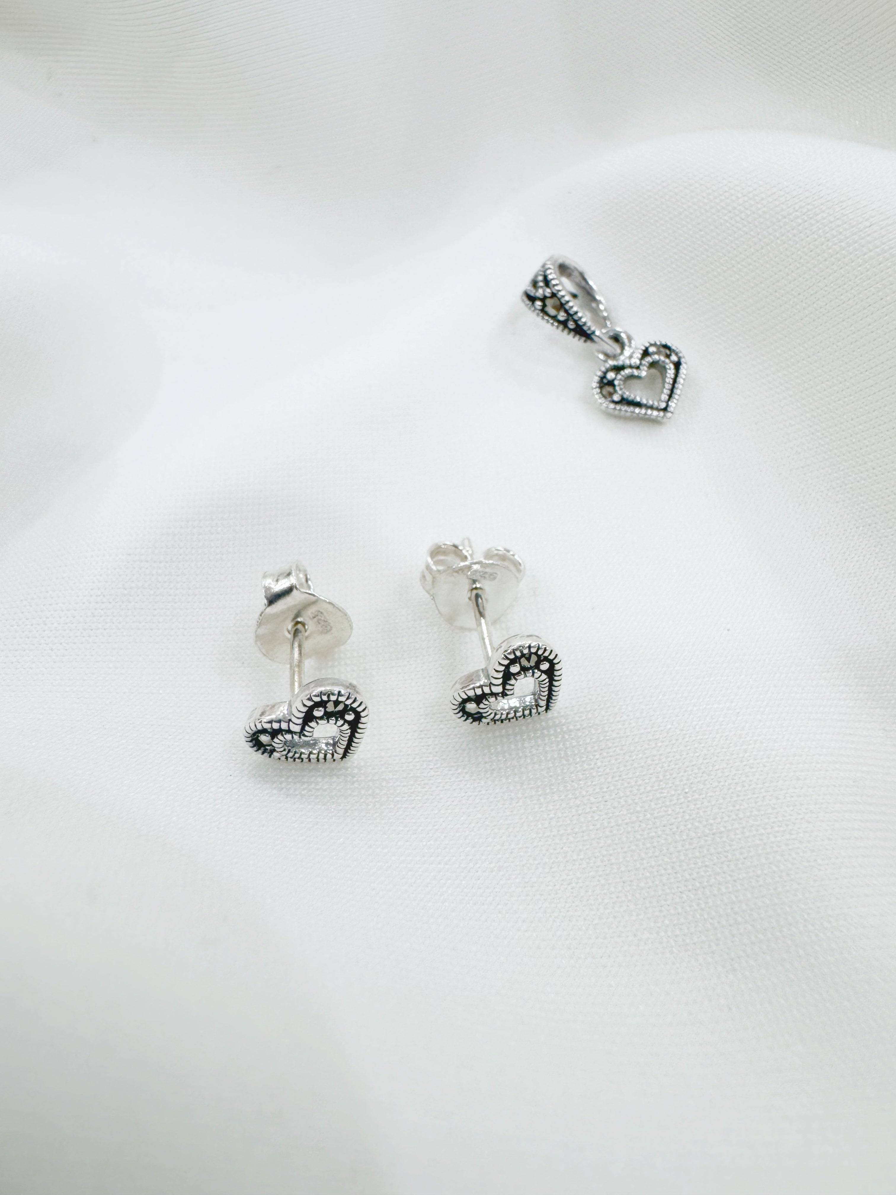 Vintage Heart Marcasite 92.5 Silver Earrings & Pendant Set