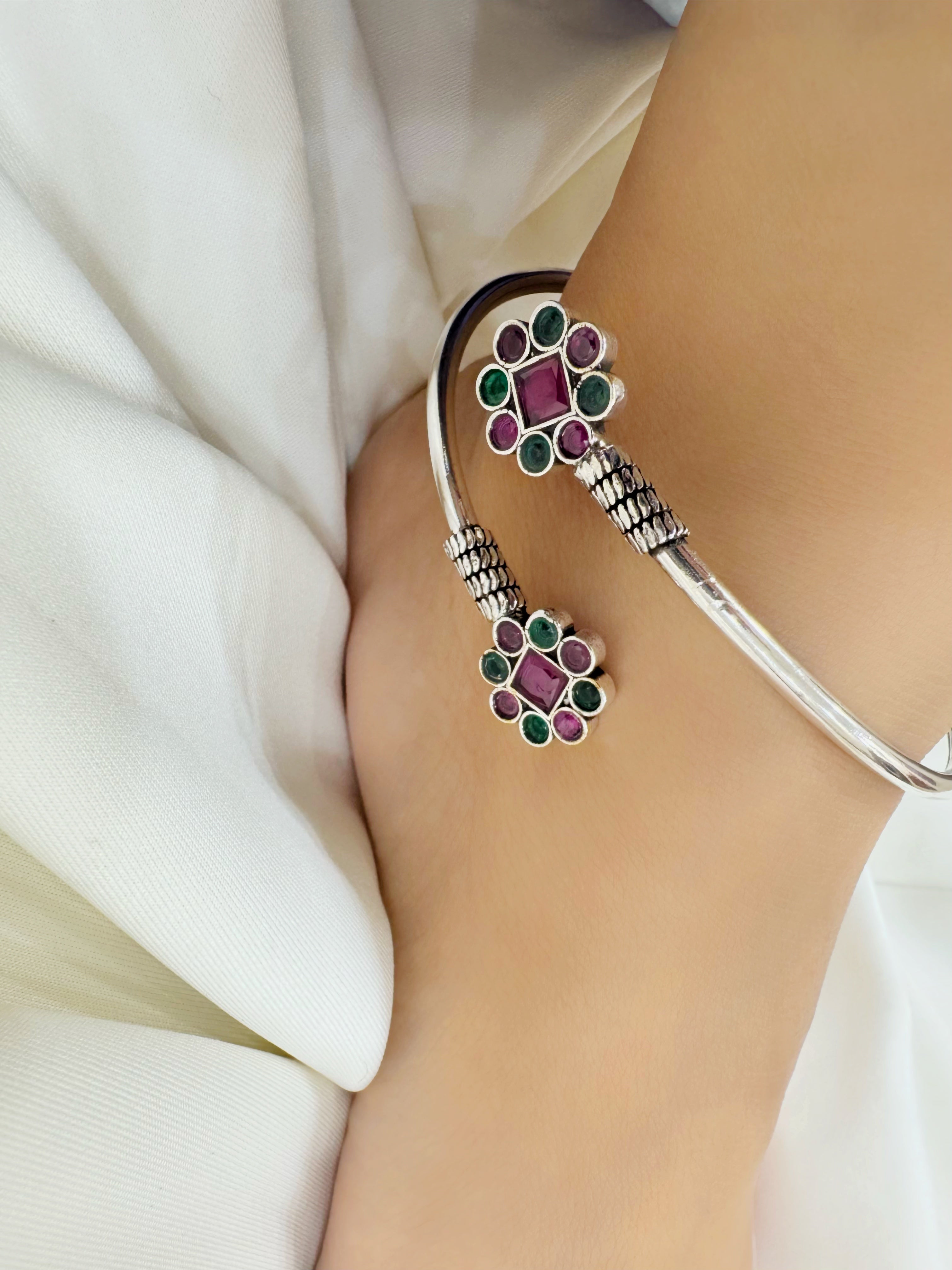 Vrinda Bloom 92.5 Silver Handcrafted Kada Anklet (Single Piece)