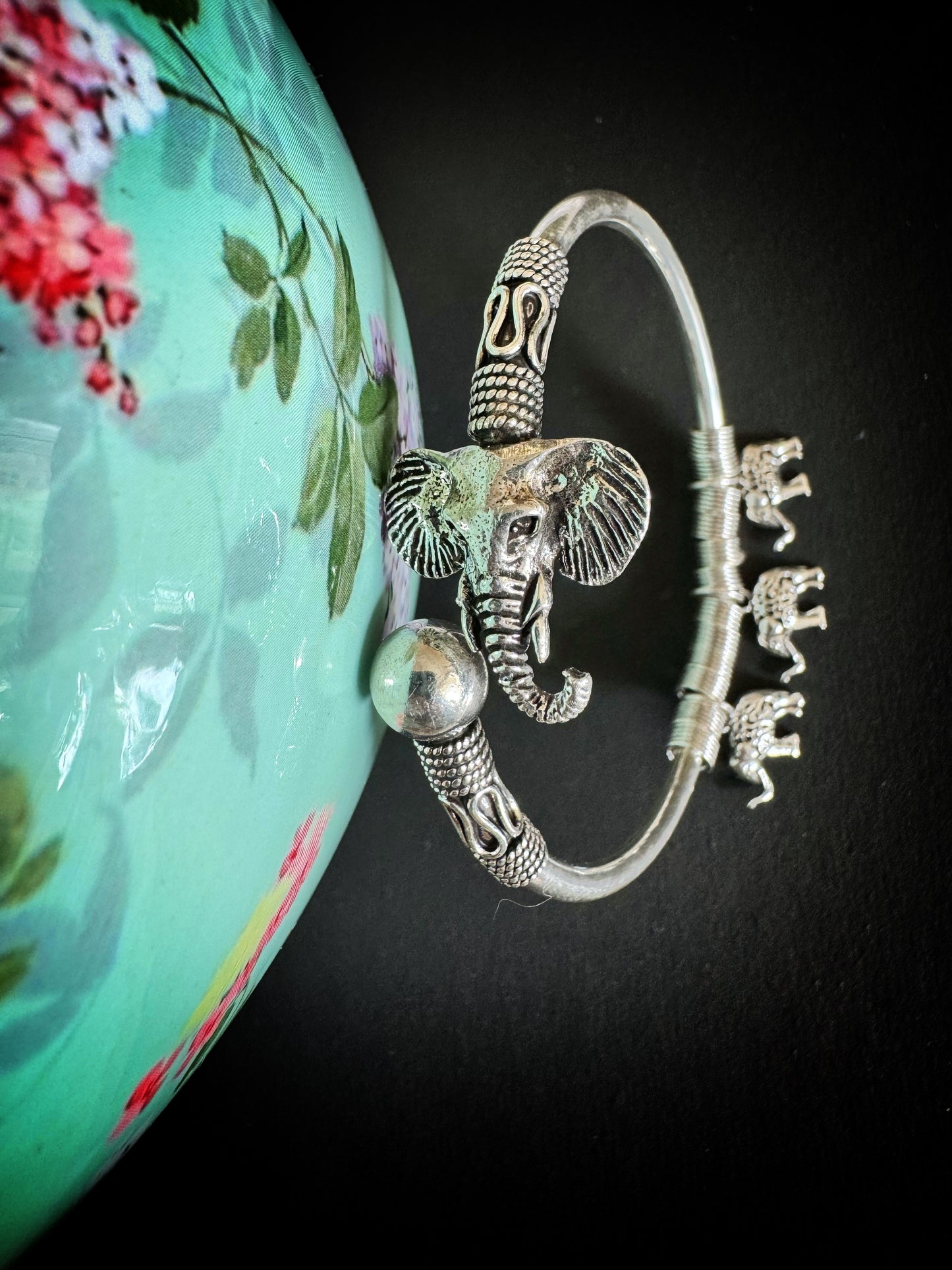 Antique Silver Elephant Bracelet with Charms